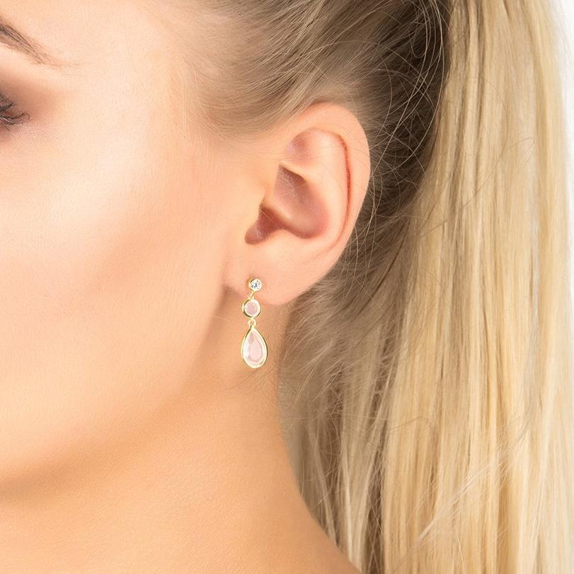 Tuscany Gemstone Drop Earring in Gold featuring Rose Quartz and cubic zirconia, showcasing elegant teardrop design.