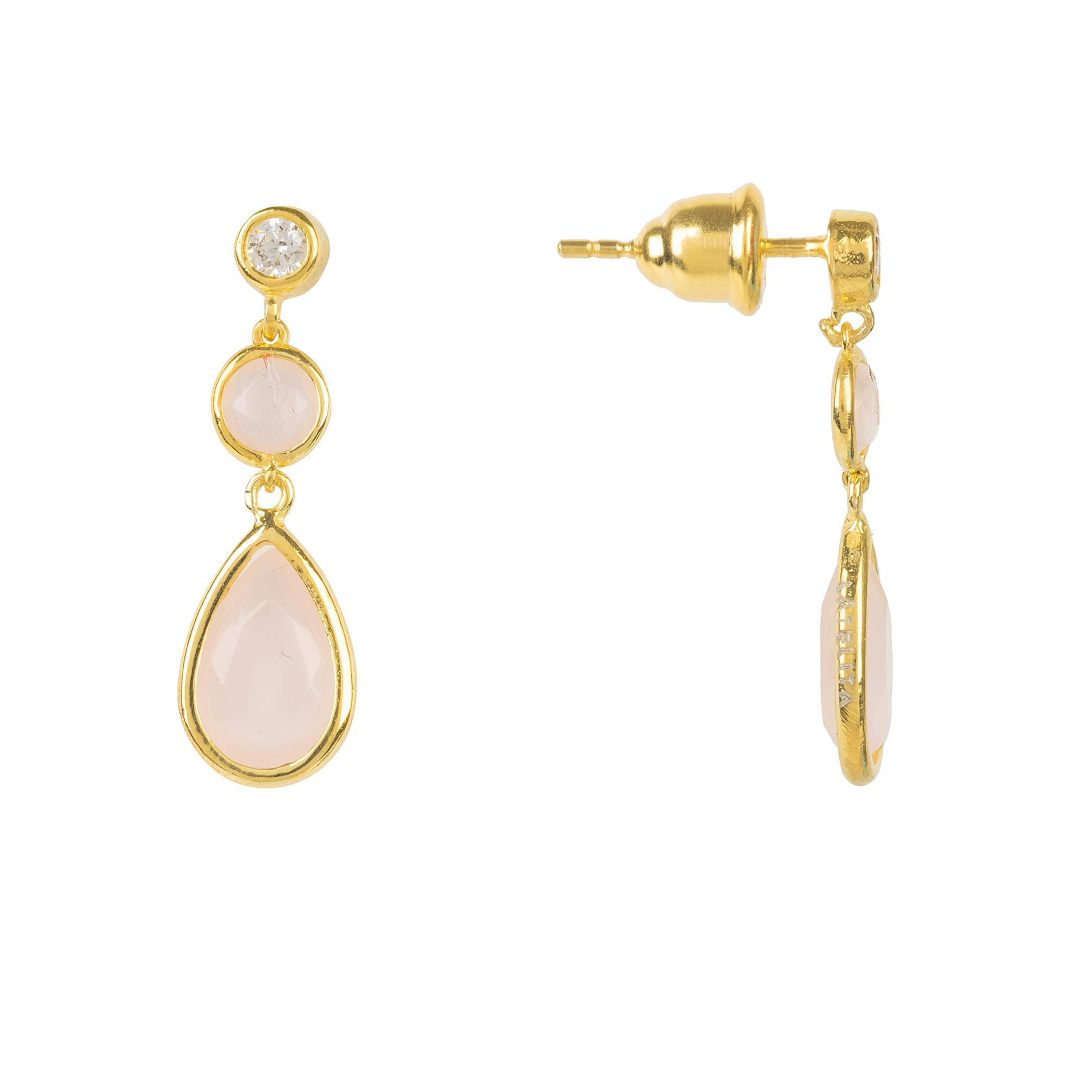 Tuscany Gemstone Drop Earring in Gold featuring Rose Quartz and cubic zirconia, showcasing elegant teardrop design.