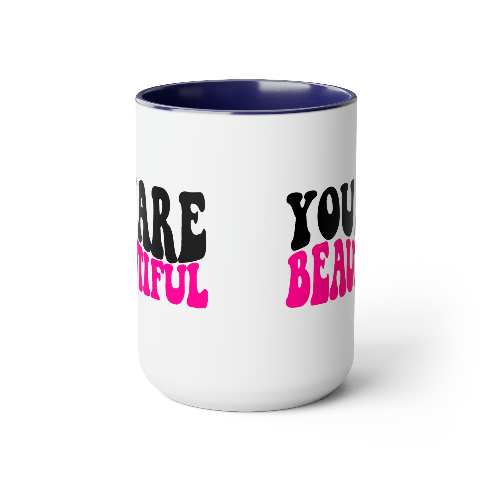 Two-tone Accent Ceramic Coffee Mug with a glossy finish, featuring a retro wavy design and a colored handle, available in five colors.