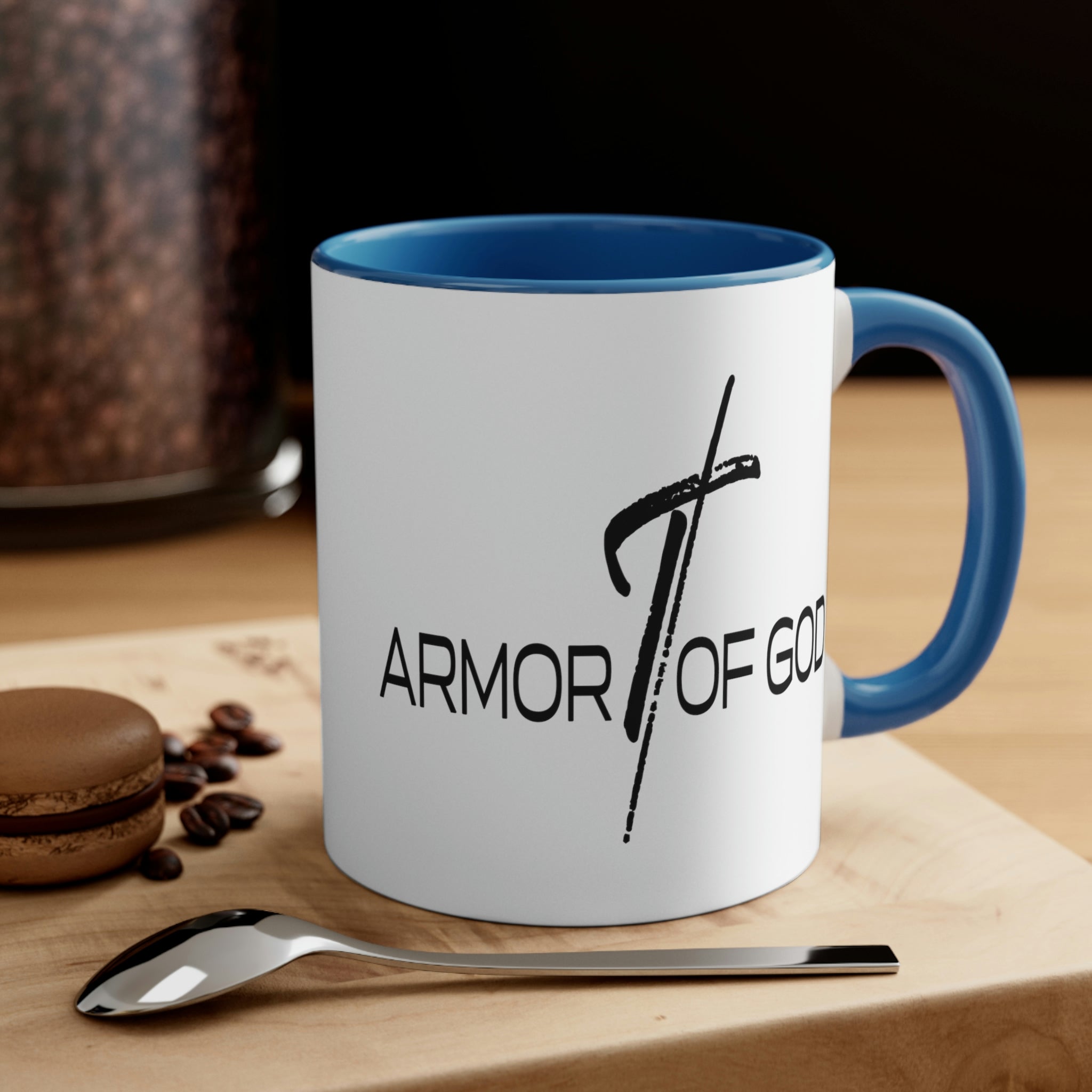 Two-tone ceramic mug with a white exterior and colored interior, featuring the Armor of God scripture quote on the side.