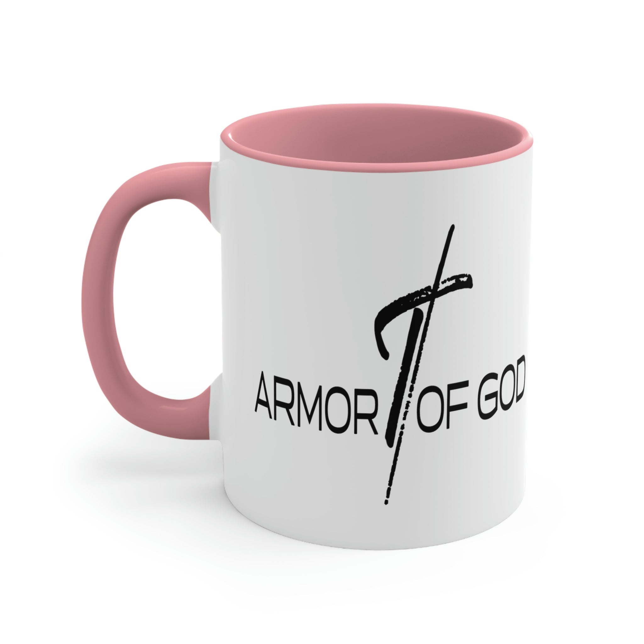 Two-tone ceramic mug with a white exterior and colored interior, featuring the Armor of God scripture quote on the side.