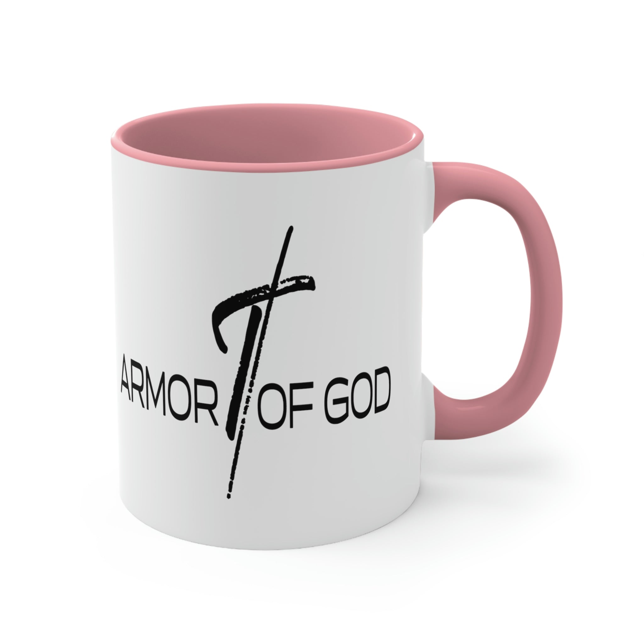 Two-tone ceramic mug with a white exterior and colored interior, featuring the Armor of God scripture quote on the side.