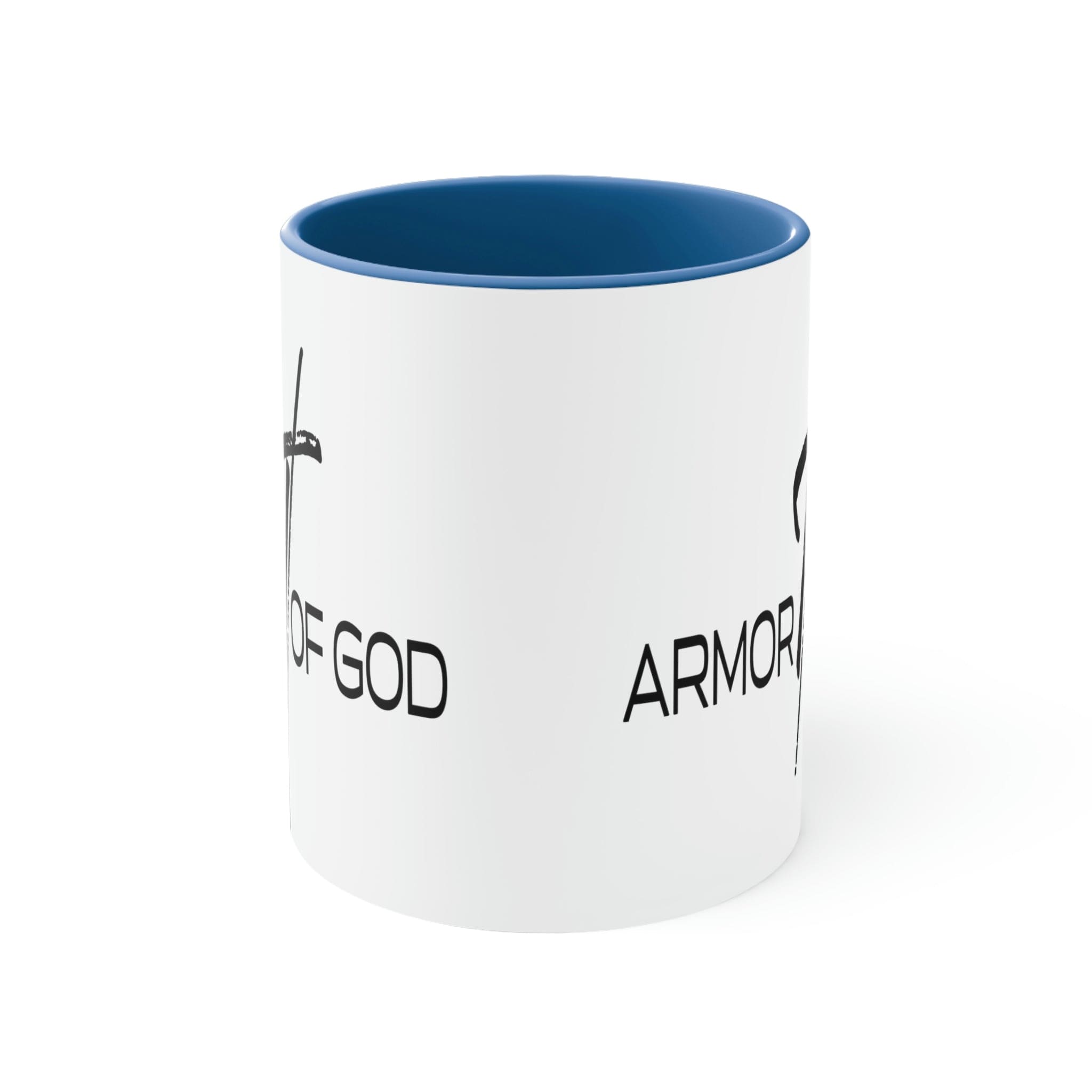 Two-tone ceramic mug with a white exterior and colored interior, featuring the Armor of God scripture quote on the side.