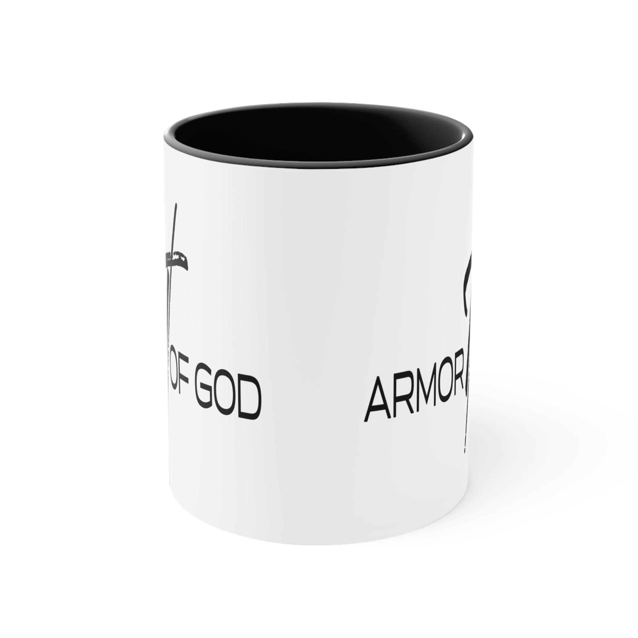 Two-tone ceramic mug with a white exterior and colored interior, featuring the Armor of God scripture quote on the side.