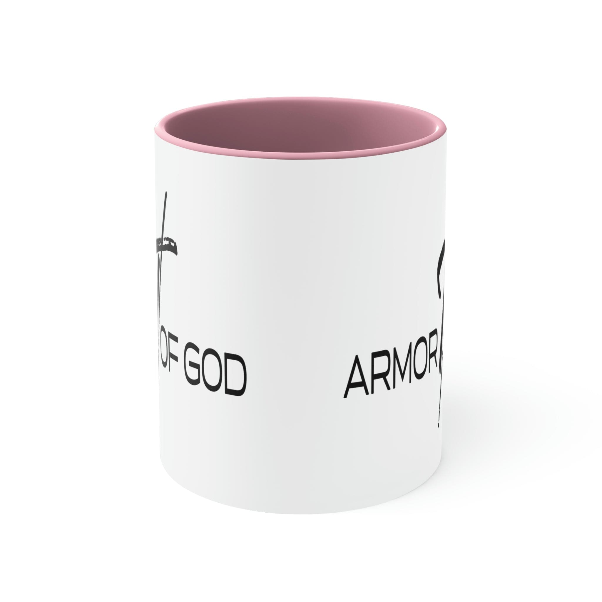 Two-tone ceramic mug with a white exterior and colored interior, featuring the Armor of God scripture quote on the side.