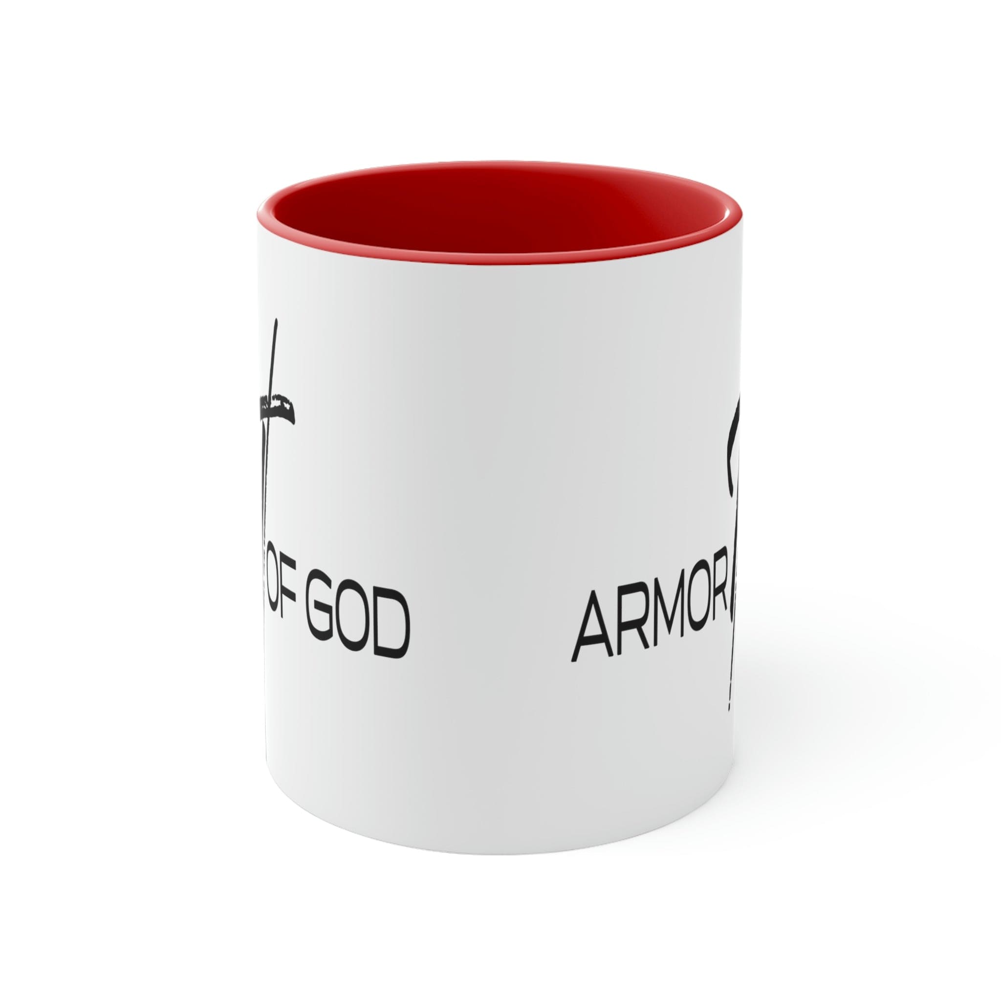 Two-tone ceramic mug with a white exterior and colored interior, featuring the Armor of God scripture quote on the side.
