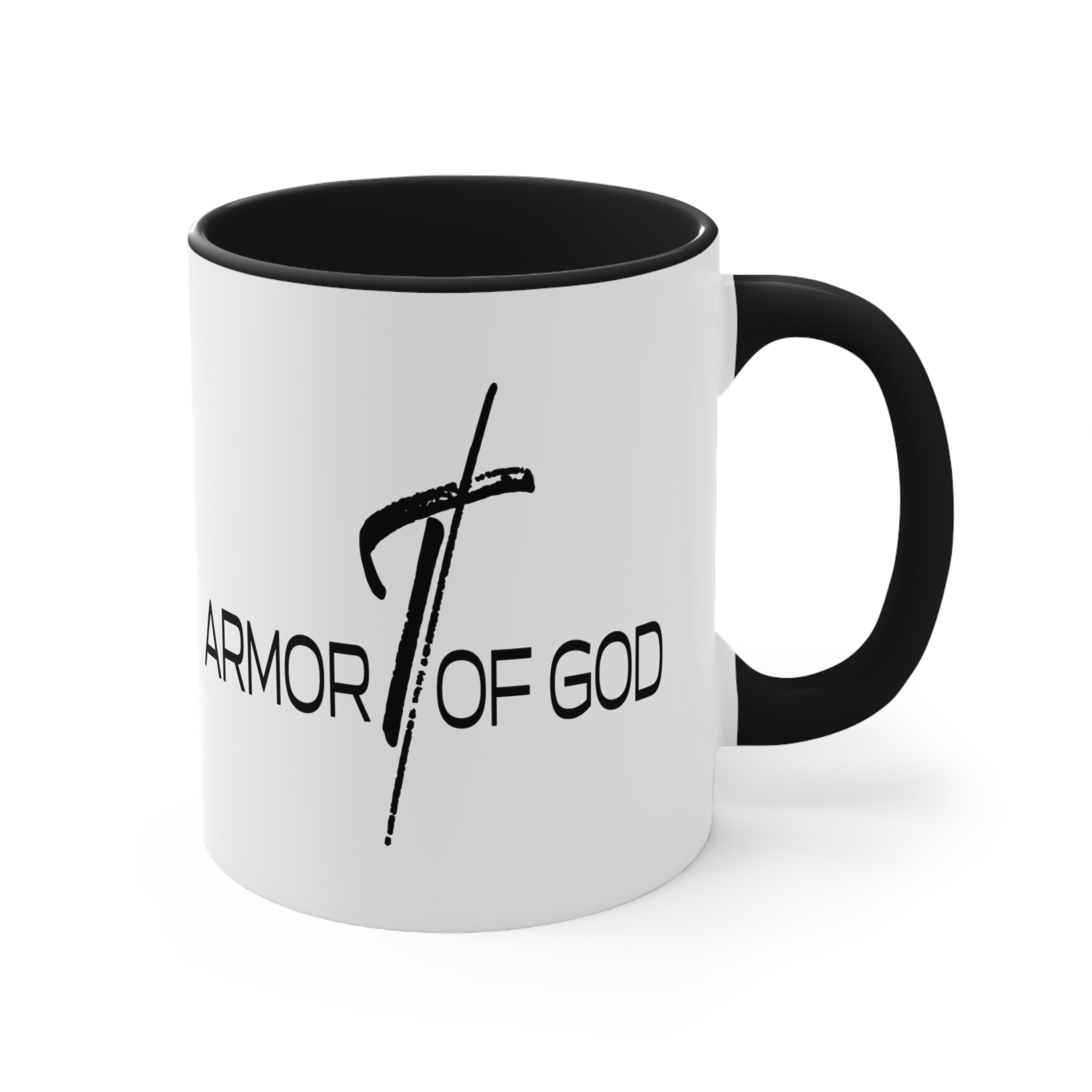 Two-tone ceramic mug with a white exterior and colored interior, featuring the Armor of God scripture quote on the side.
