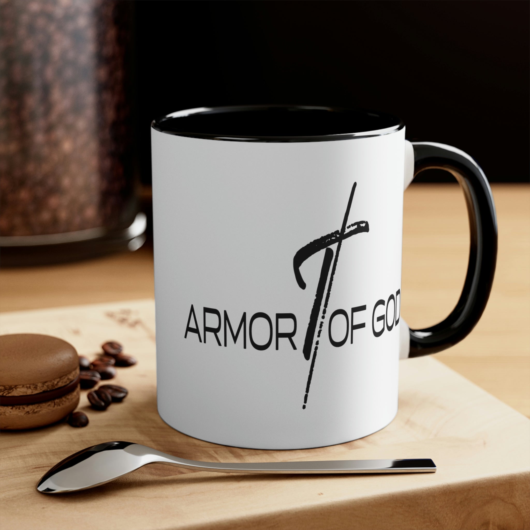 Two-tone ceramic mug with a white exterior and colored interior, featuring the Armor of God scripture quote on the side.
