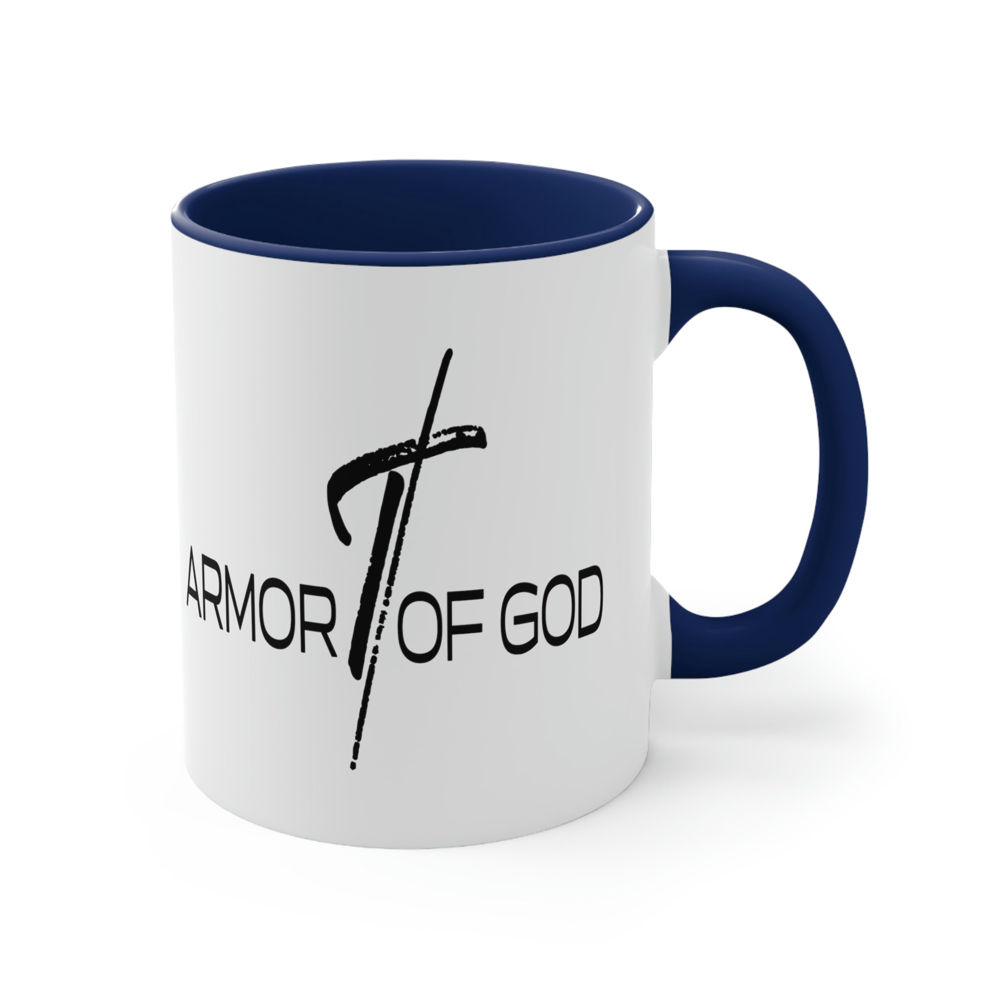 Two-tone ceramic mug with a white exterior and colored interior, featuring the Armor of God scripture quote on the side.