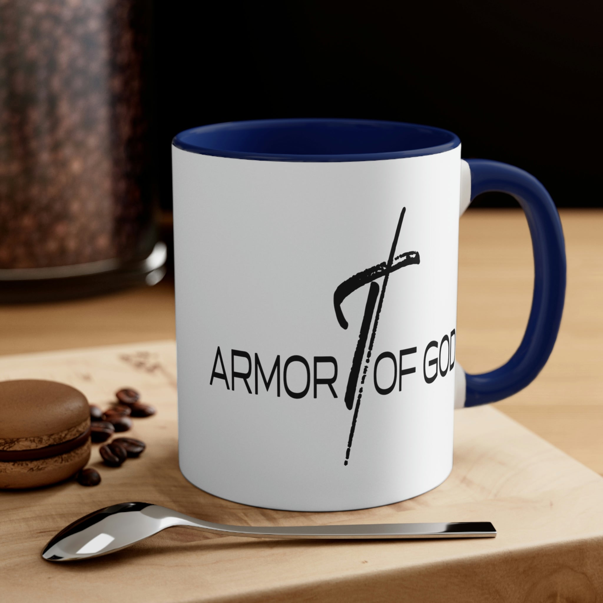 Two-tone ceramic mug with a white exterior and colored interior, featuring the Armor of God scripture quote on the side.
