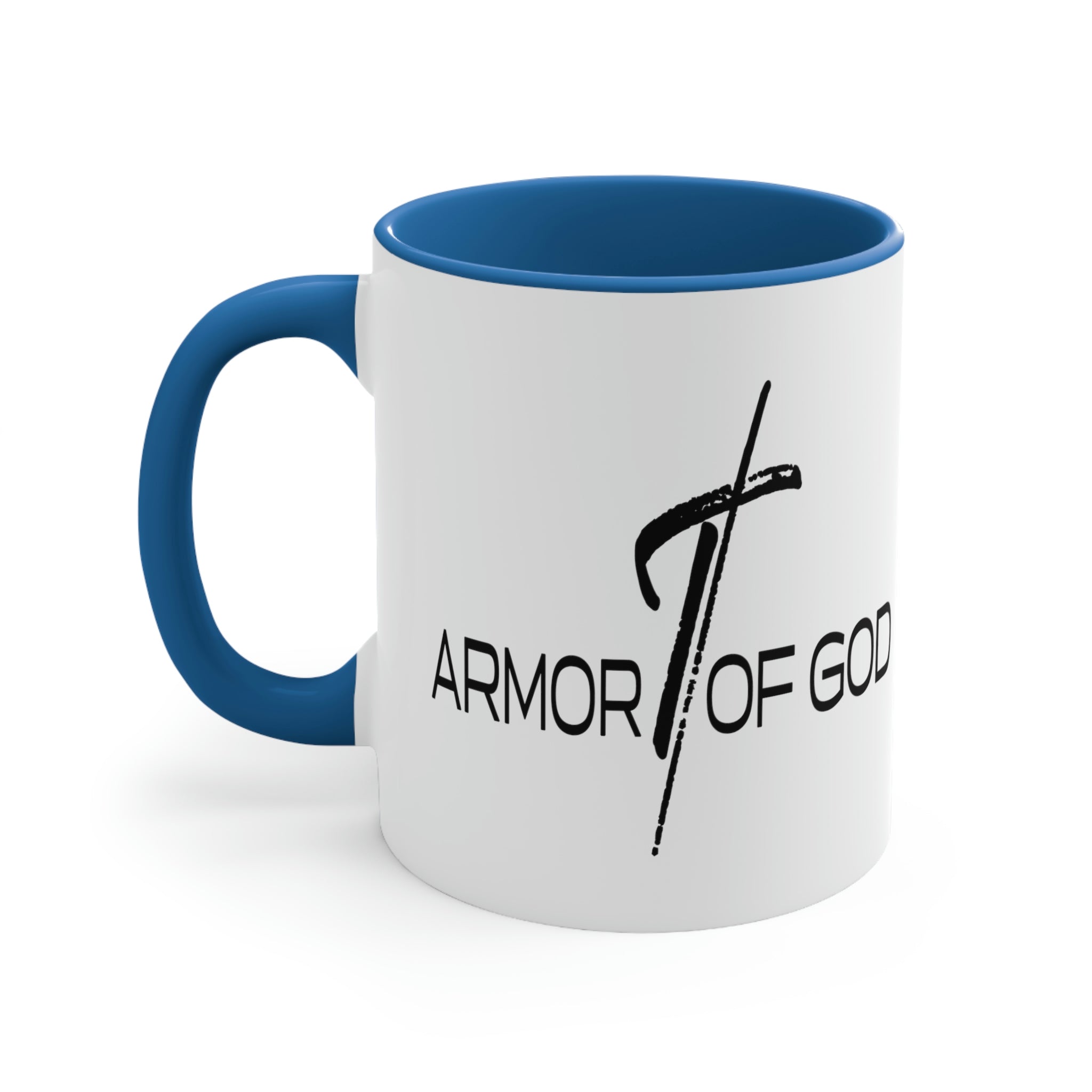 Two-tone ceramic mug with a white exterior and colored interior, featuring the Armor of God scripture quote on the side.