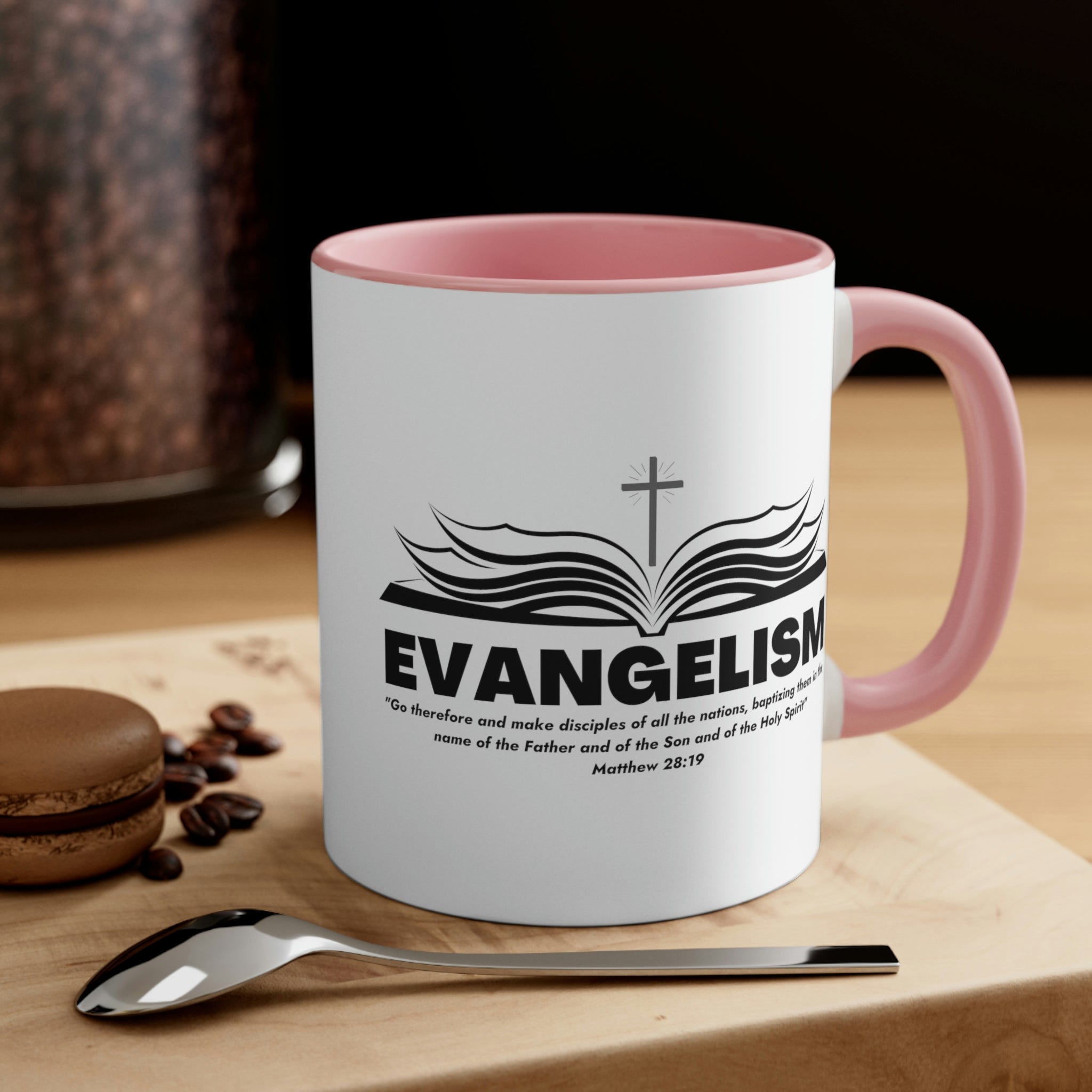 Two-tone Accent Ceramic Mug with a white exterior and colored interior, featuring a comfortable C-handle and an inspirational message.