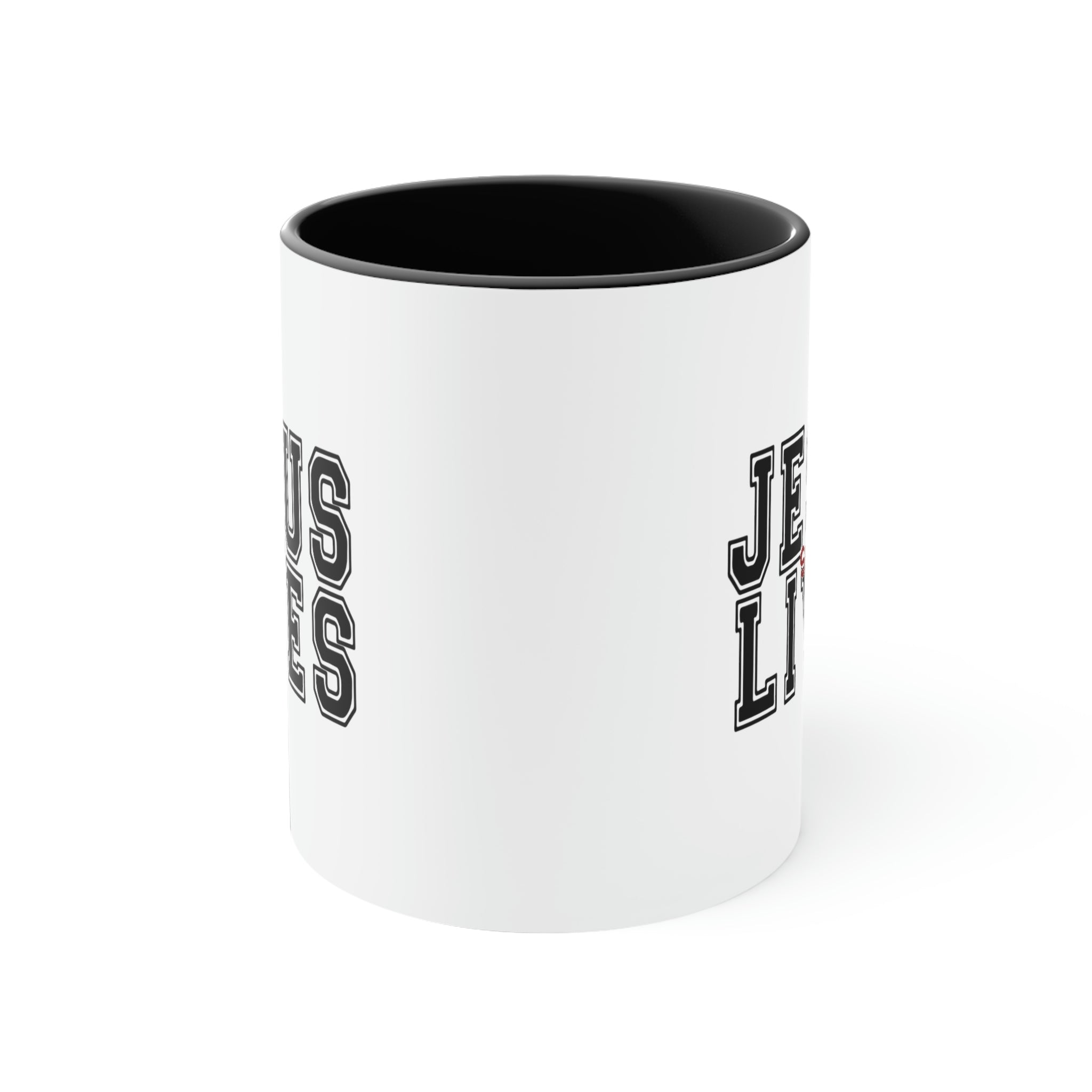 Two-tone ceramic mug with a C-handle, featuring a colored interior and the text 'Jesus Saves Lives' in a vibrant design.