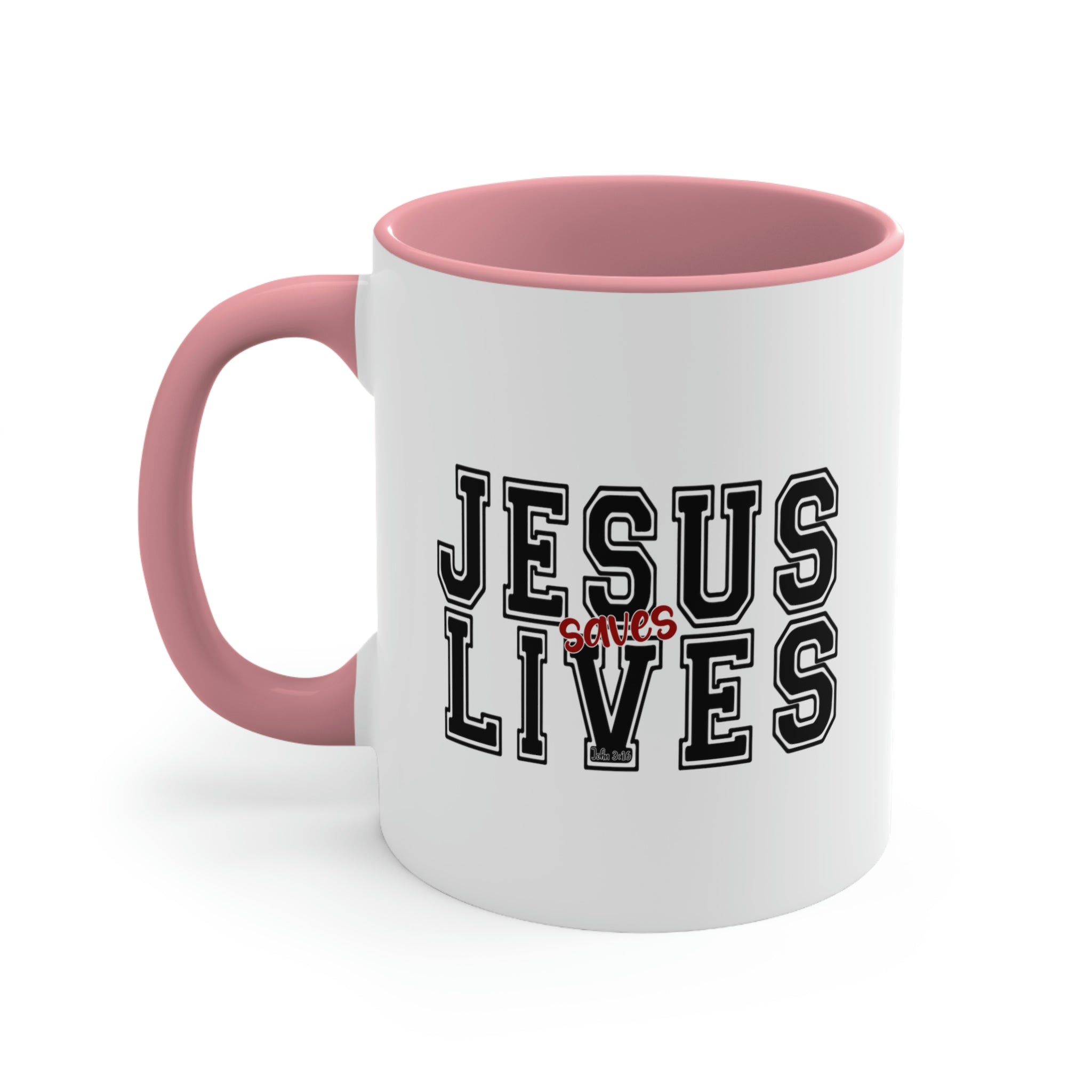 Two-tone ceramic mug with a C-handle, featuring a colored interior and the text 'Jesus Saves Lives' in a vibrant design.