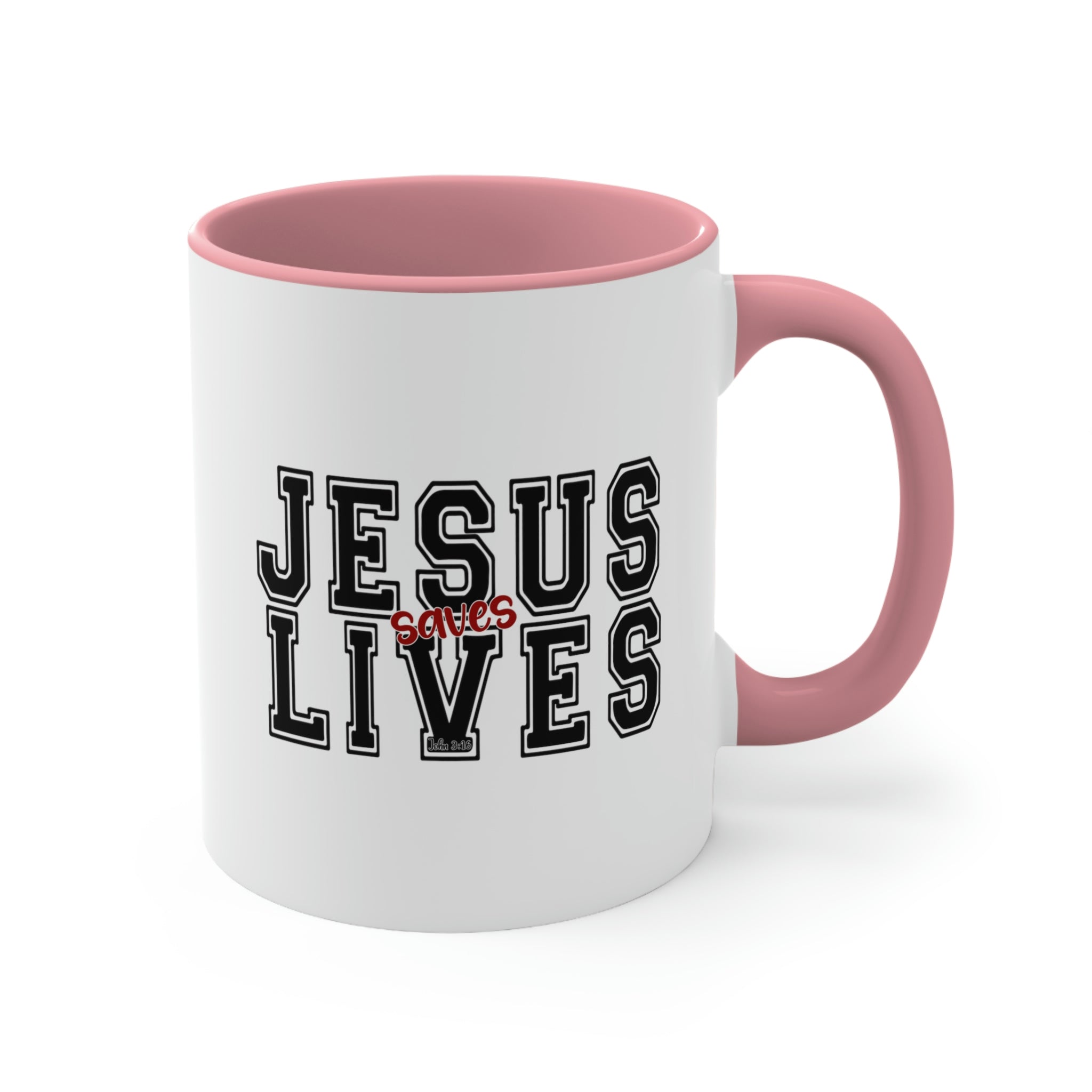 Two-tone ceramic mug with a C-handle, featuring a colored interior and the text 'Jesus Saves Lives' in a vibrant design.