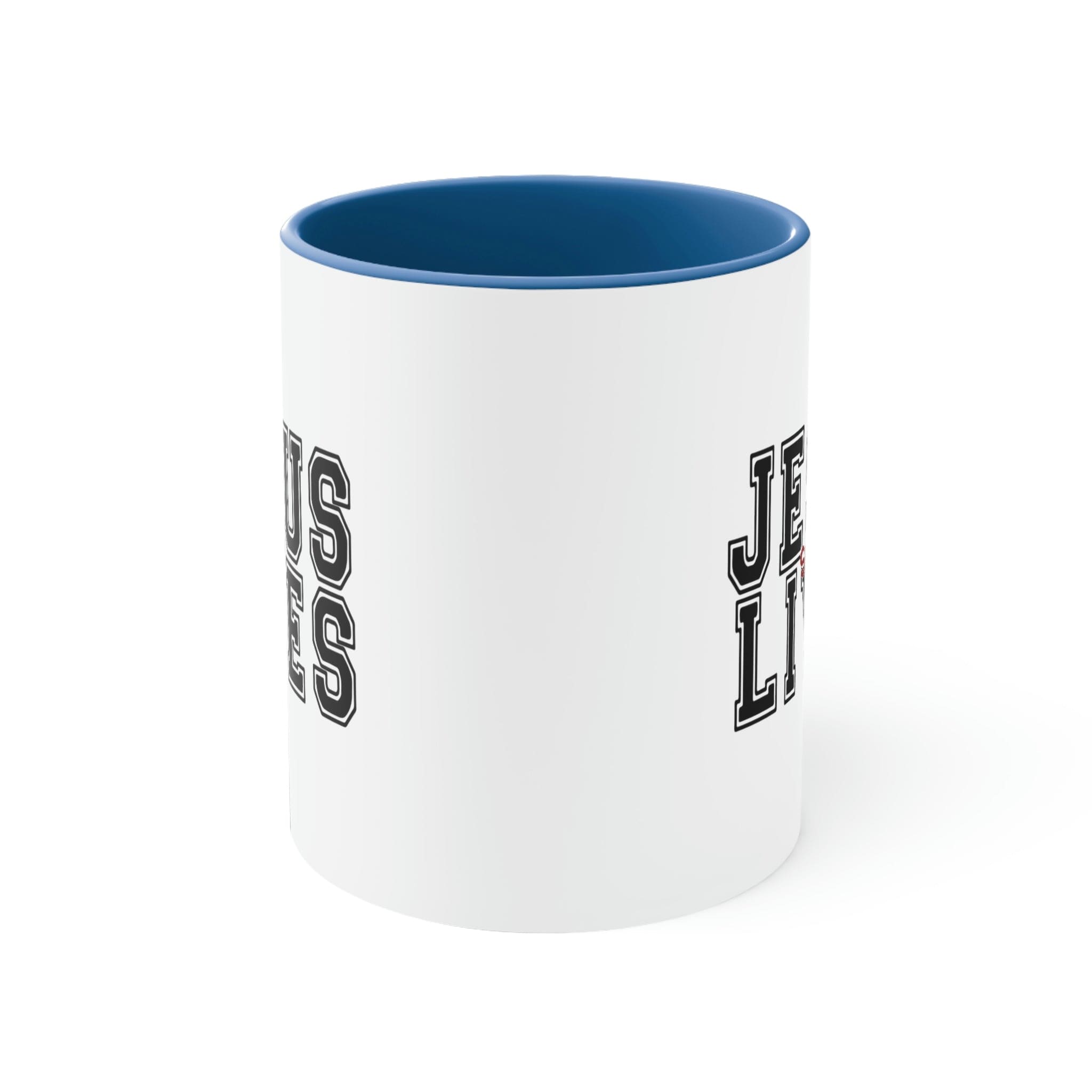 Two-tone ceramic mug with a C-handle, featuring a colored interior and the text 'Jesus Saves Lives' in a vibrant design.
