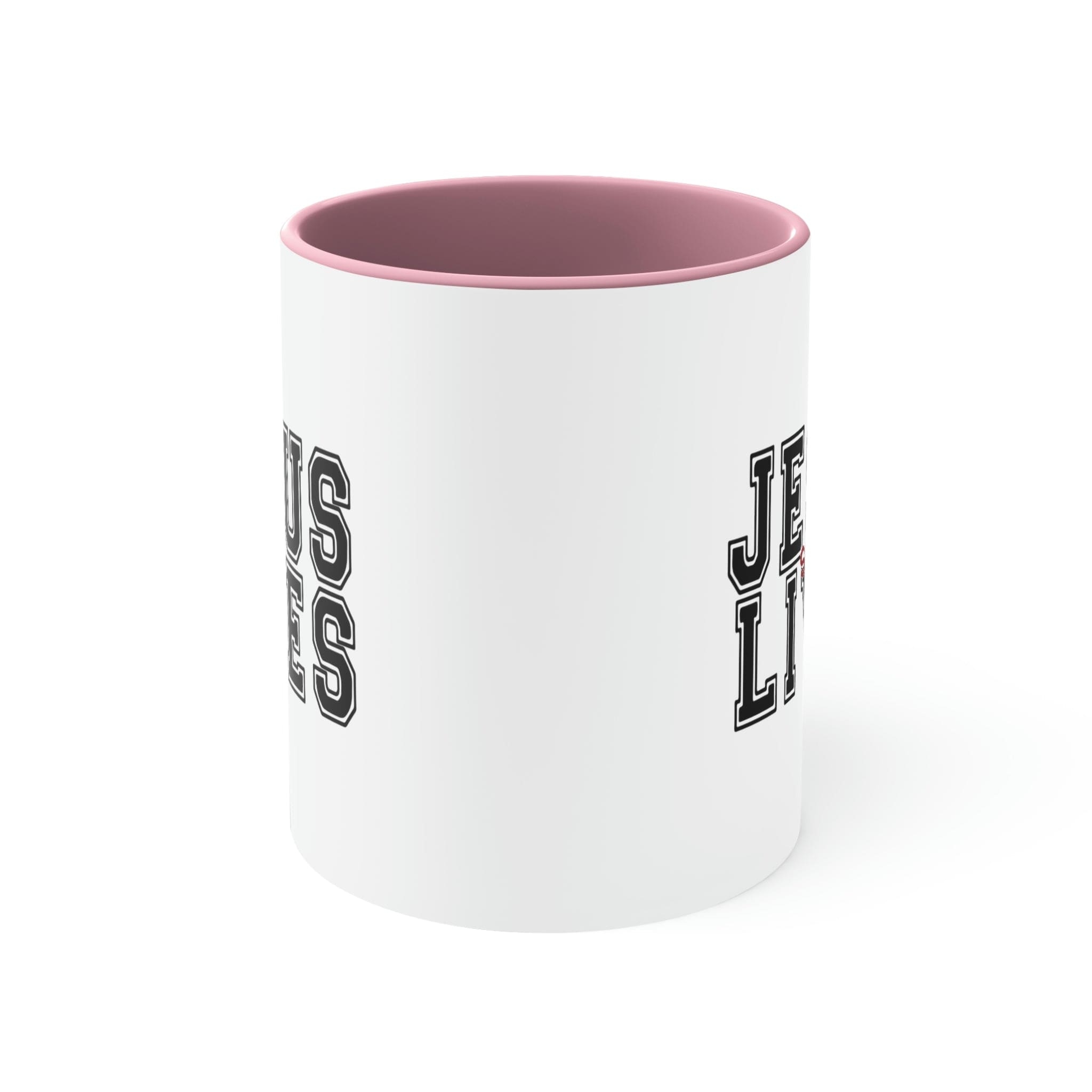 Two-tone ceramic mug with a C-handle, featuring a colored interior and the text 'Jesus Saves Lives' in a vibrant design.