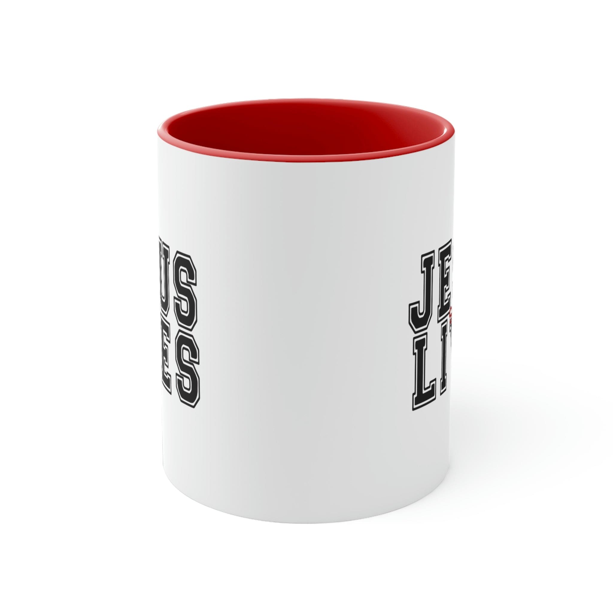 Two-tone ceramic mug with a C-handle, featuring a colored interior and the text 'Jesus Saves Lives' in a vibrant design.