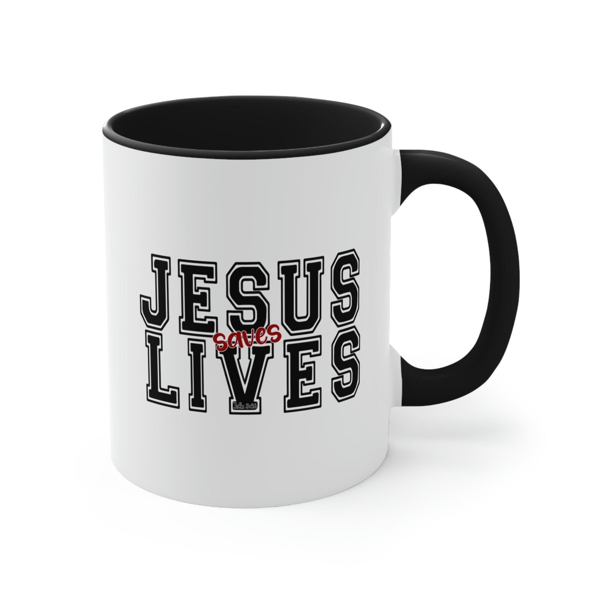 Two-tone ceramic mug with a C-handle, featuring a colored interior and the text 'Jesus Saves Lives' in a vibrant design.