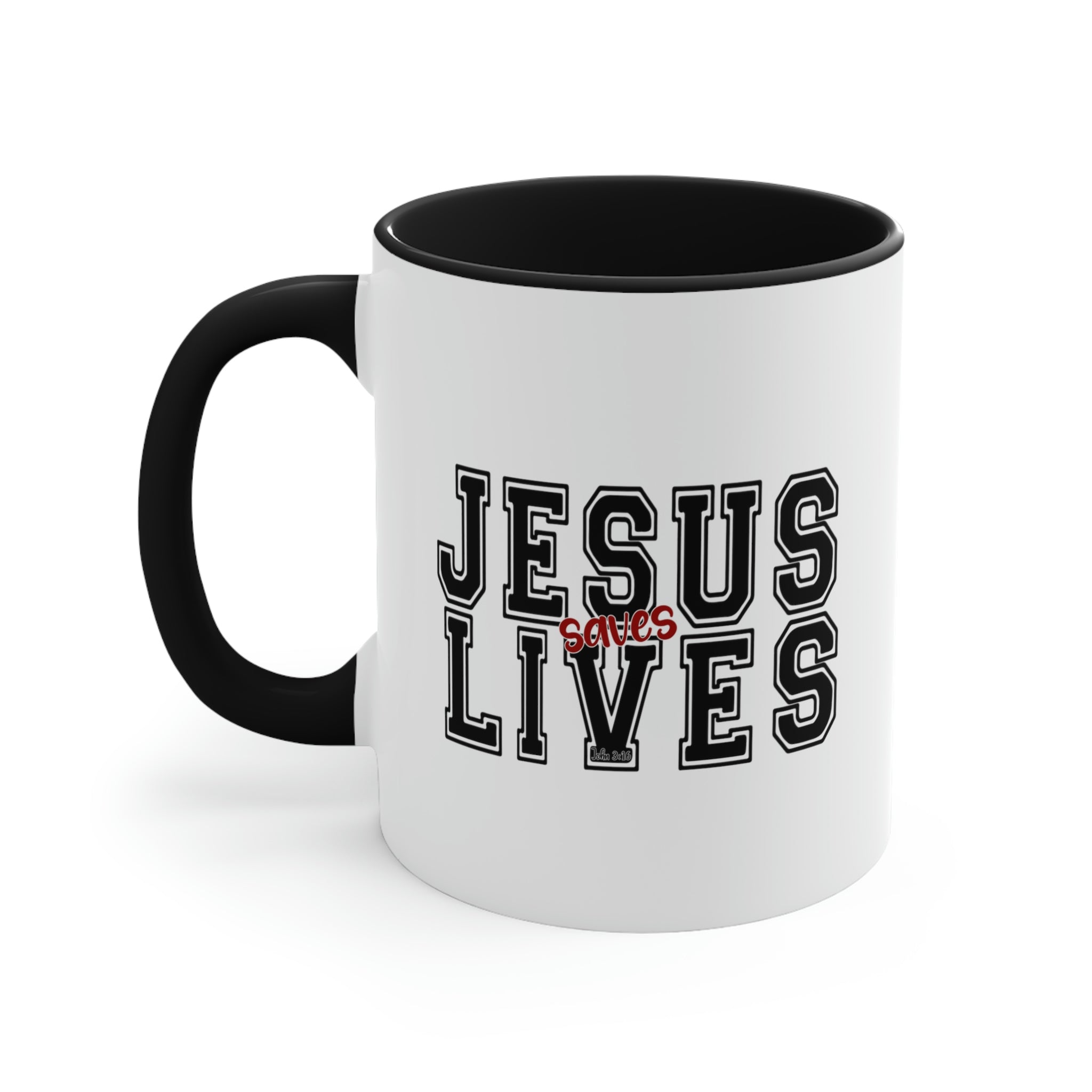 Two-tone ceramic mug with a C-handle, featuring a colored interior and the text 'Jesus Saves Lives' in a vibrant design.