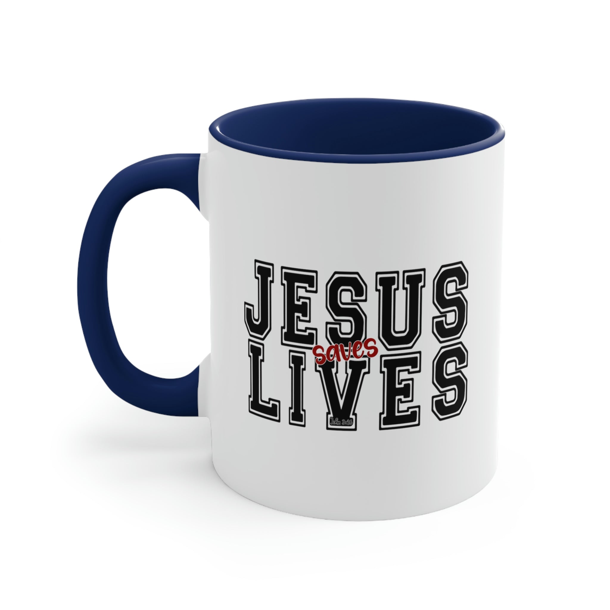 Two-tone ceramic mug with a C-handle, featuring a colored interior and the text 'Jesus Saves Lives' in a vibrant design.