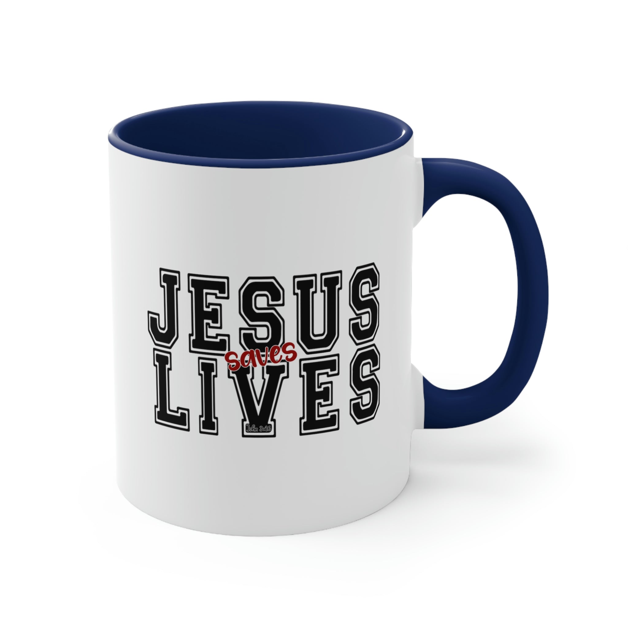 Two-tone ceramic mug with a C-handle, featuring a colored interior and the text 'Jesus Saves Lives' in a vibrant design.