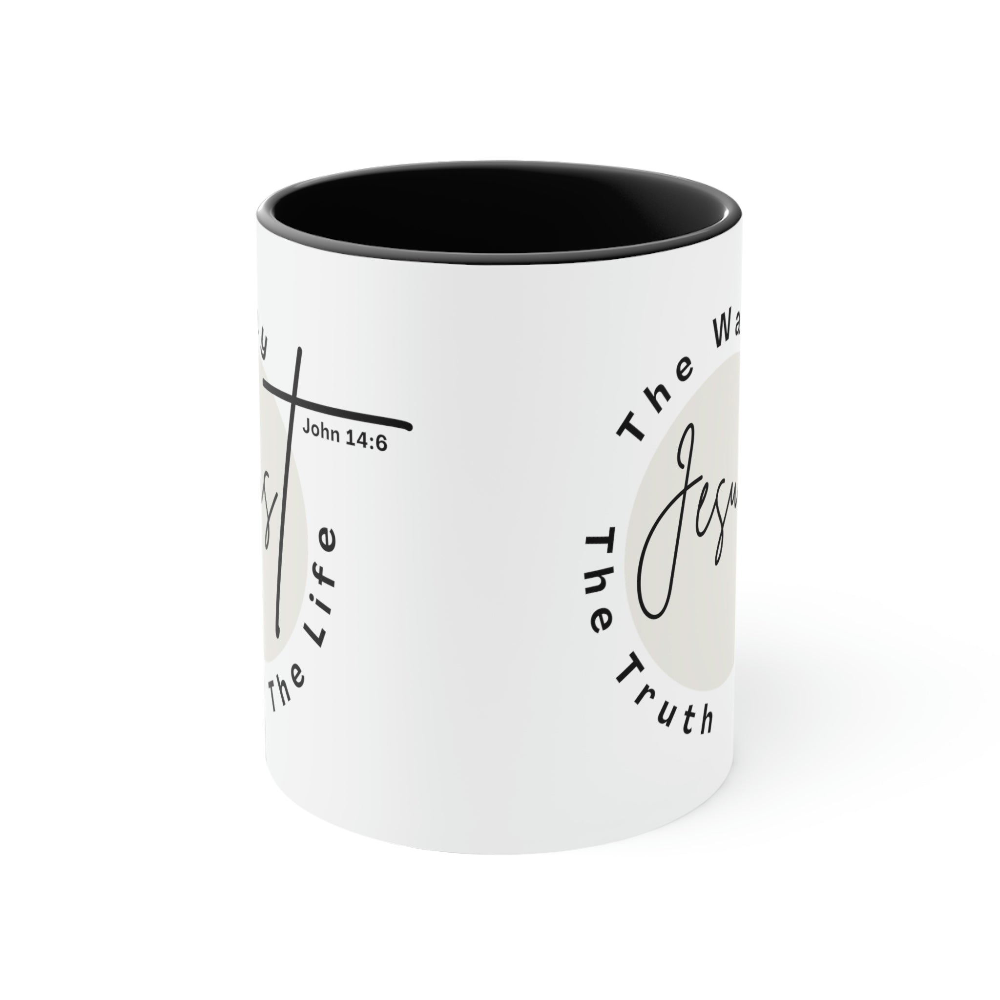 Two-tone ceramic mug with a C-handle featuring the phrase 'Jesus the Way the Truth the Life' in a vibrant design.
