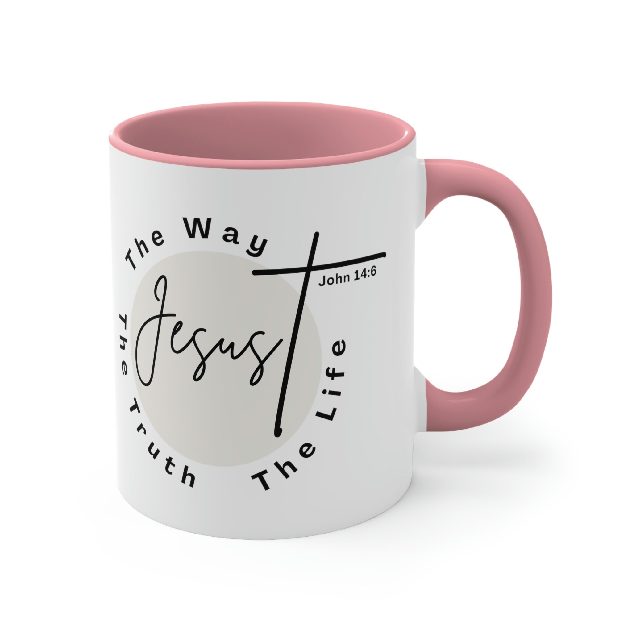 Two-tone ceramic mug with a C-handle featuring the phrase 'Jesus the Way the Truth the Life' in a vibrant design.