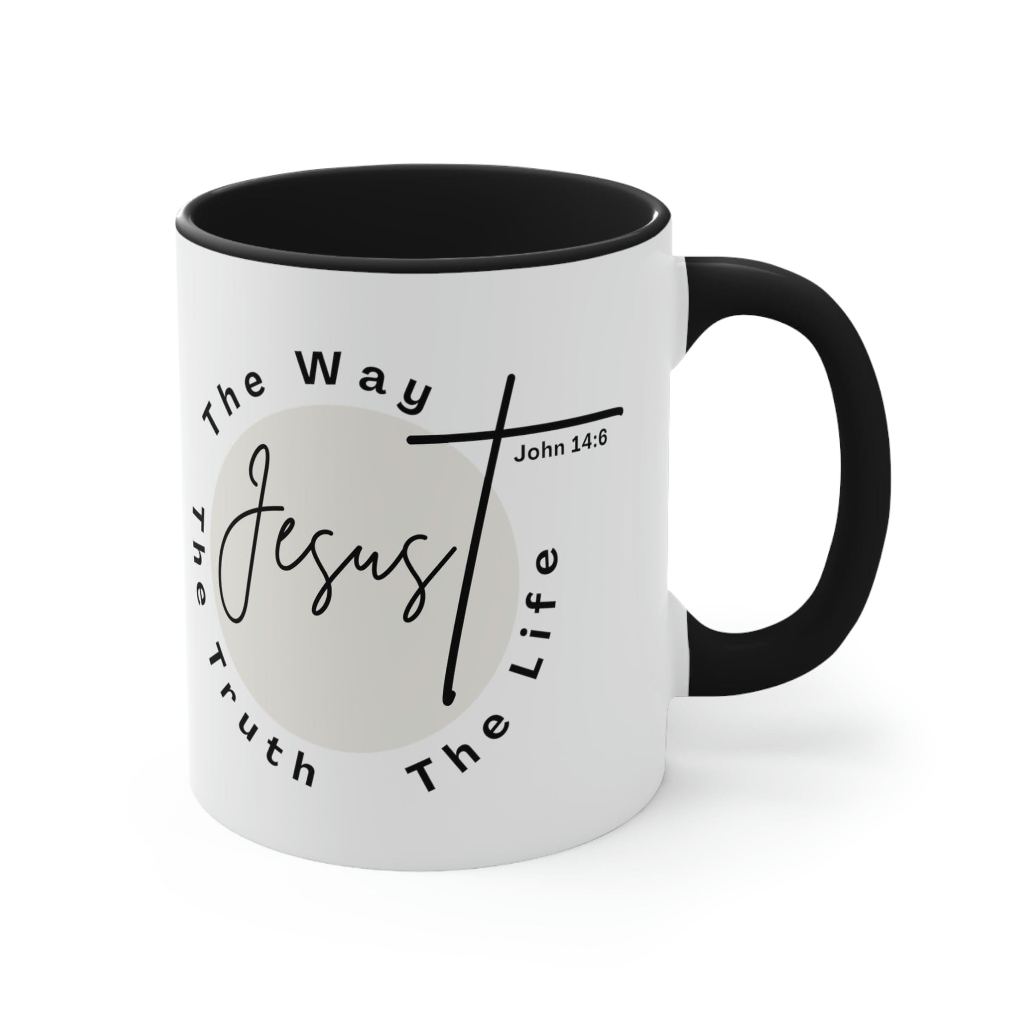 Two-tone ceramic mug with a C-handle featuring the phrase 'Jesus the Way the Truth the Life' in a vibrant design.