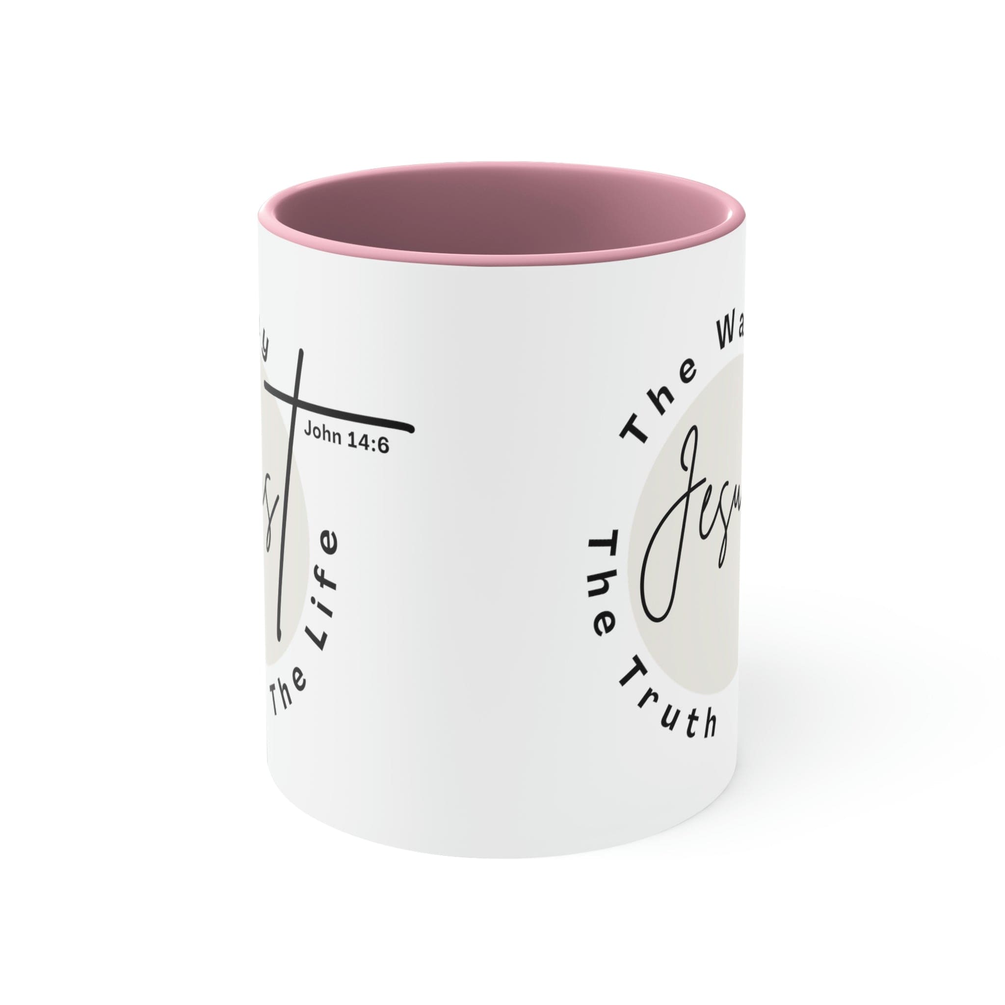Two-tone ceramic mug with a C-handle featuring the phrase 'Jesus the Way the Truth the Life' in a vibrant design.