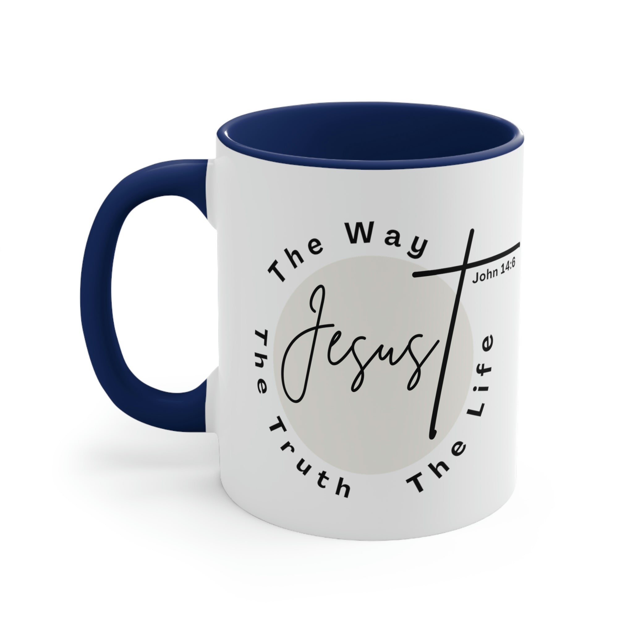 Two-tone ceramic mug with a C-handle featuring the phrase 'Jesus the Way the Truth the Life' in a vibrant design.