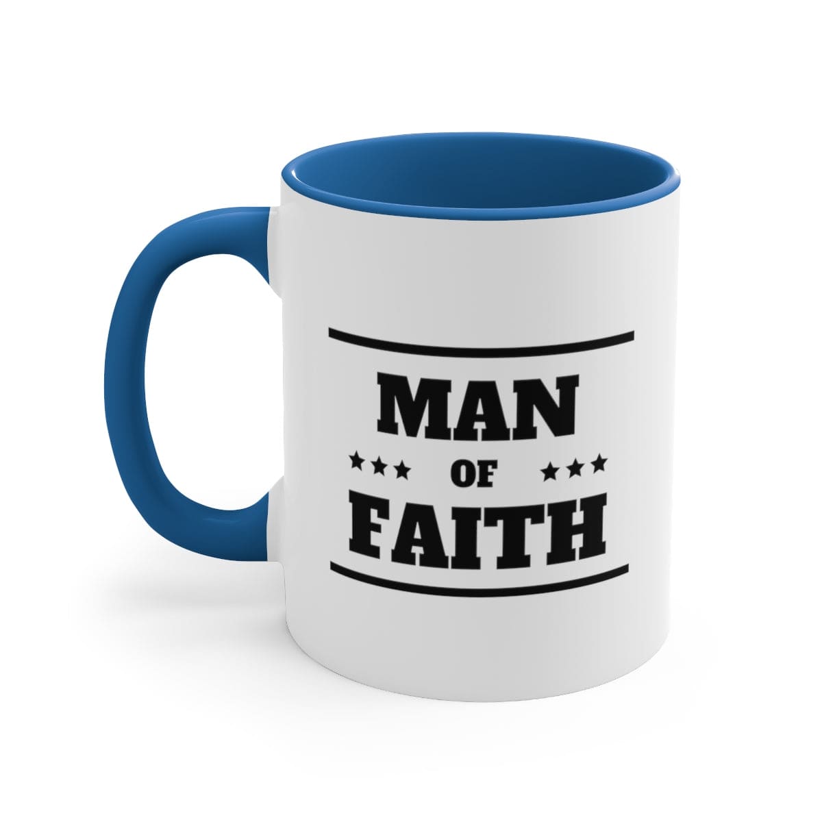 Two-tone ceramic mug with a Man of Faith illustration, featuring a comfortable C-handle and vibrant colored interior.