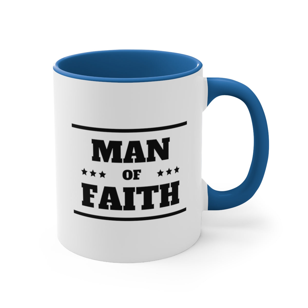 Two-tone ceramic mug with a Man of Faith illustration, featuring a comfortable C-handle and vibrant colored interior.