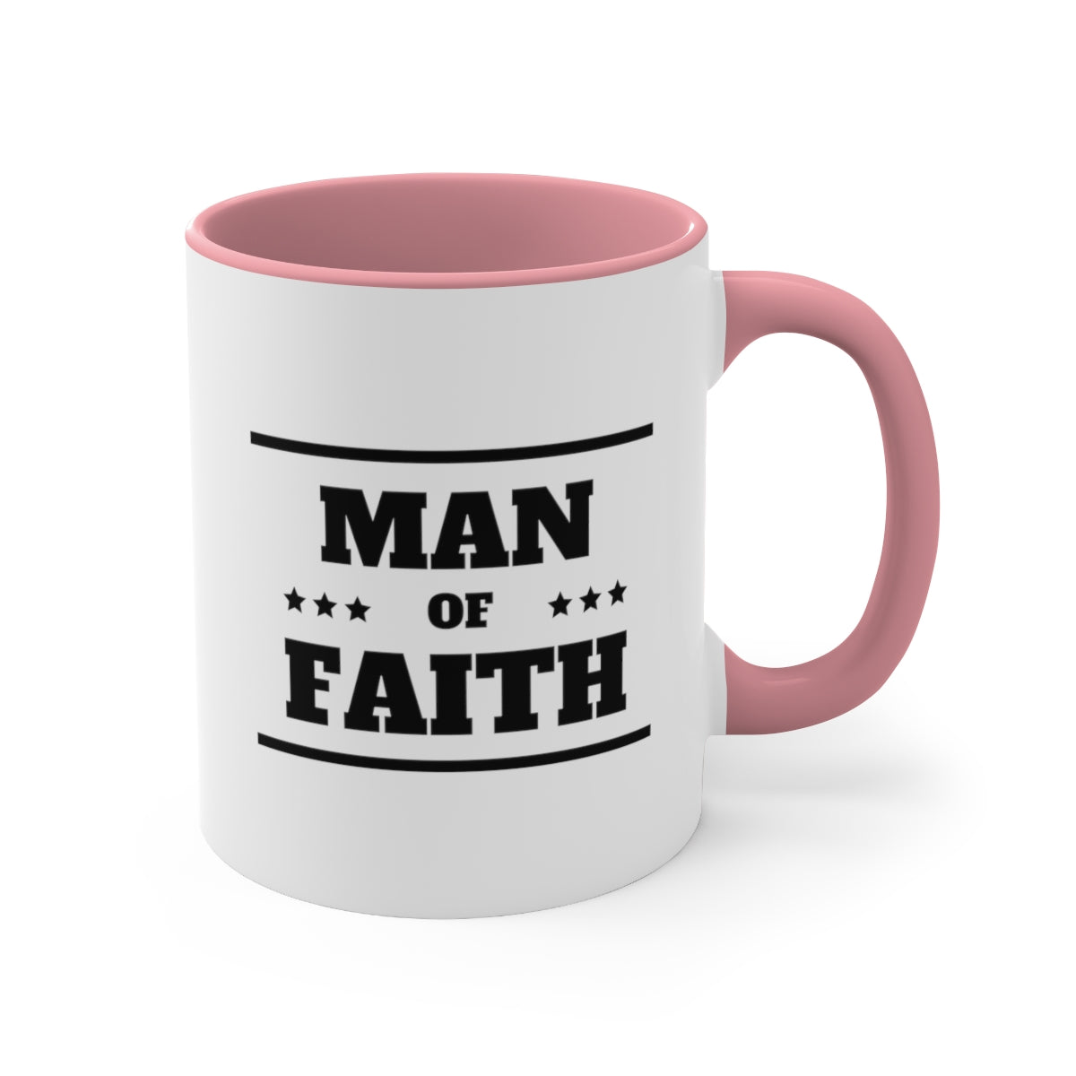Two-tone ceramic mug with a Man of Faith illustration, featuring a comfortable C-handle and vibrant colored interior.