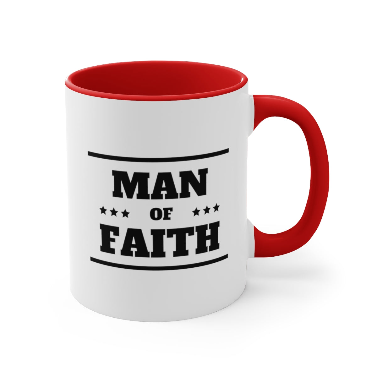 Two-tone ceramic mug with a Man of Faith illustration, featuring a comfortable C-handle and vibrant colored interior.