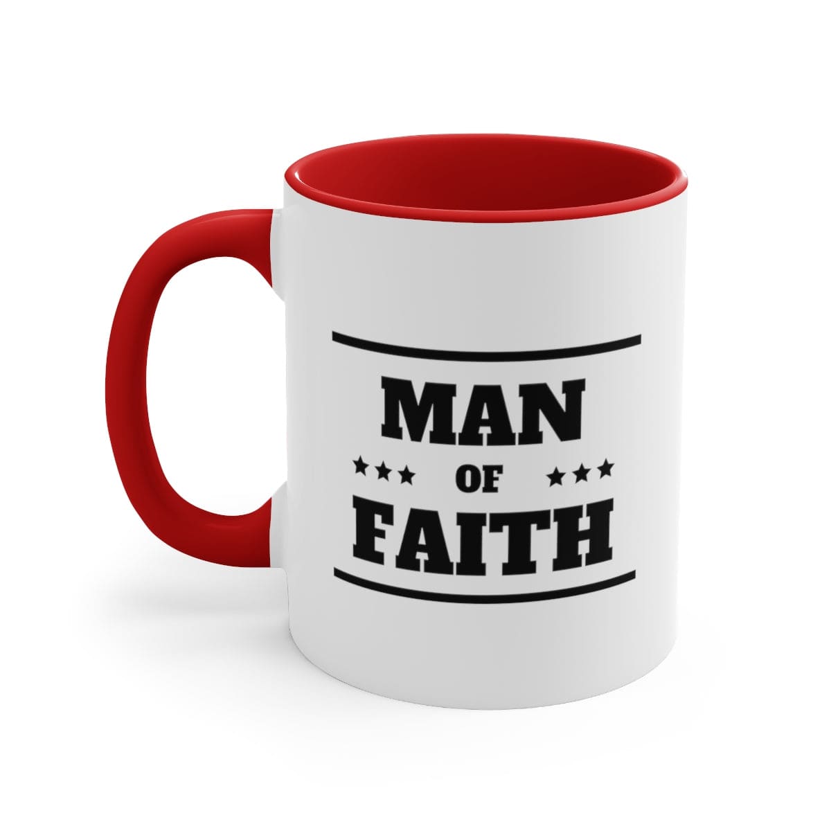 Two-tone ceramic mug with a Man of Faith illustration, featuring a comfortable C-handle and vibrant colored interior.