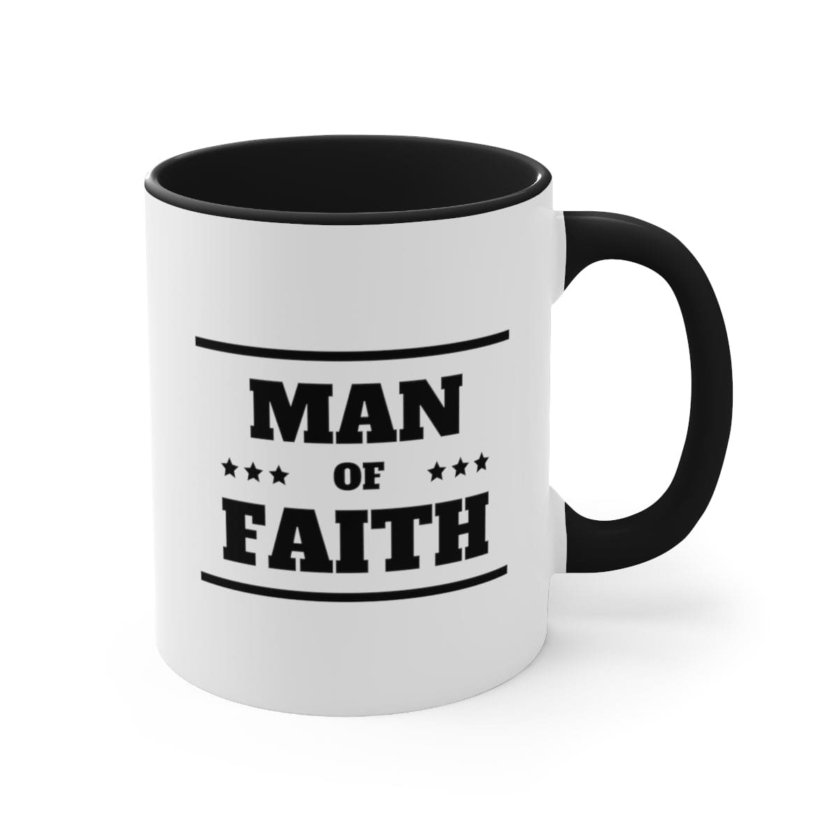 Two-tone ceramic mug with a Man of Faith illustration, featuring a comfortable C-handle and vibrant colored interior.