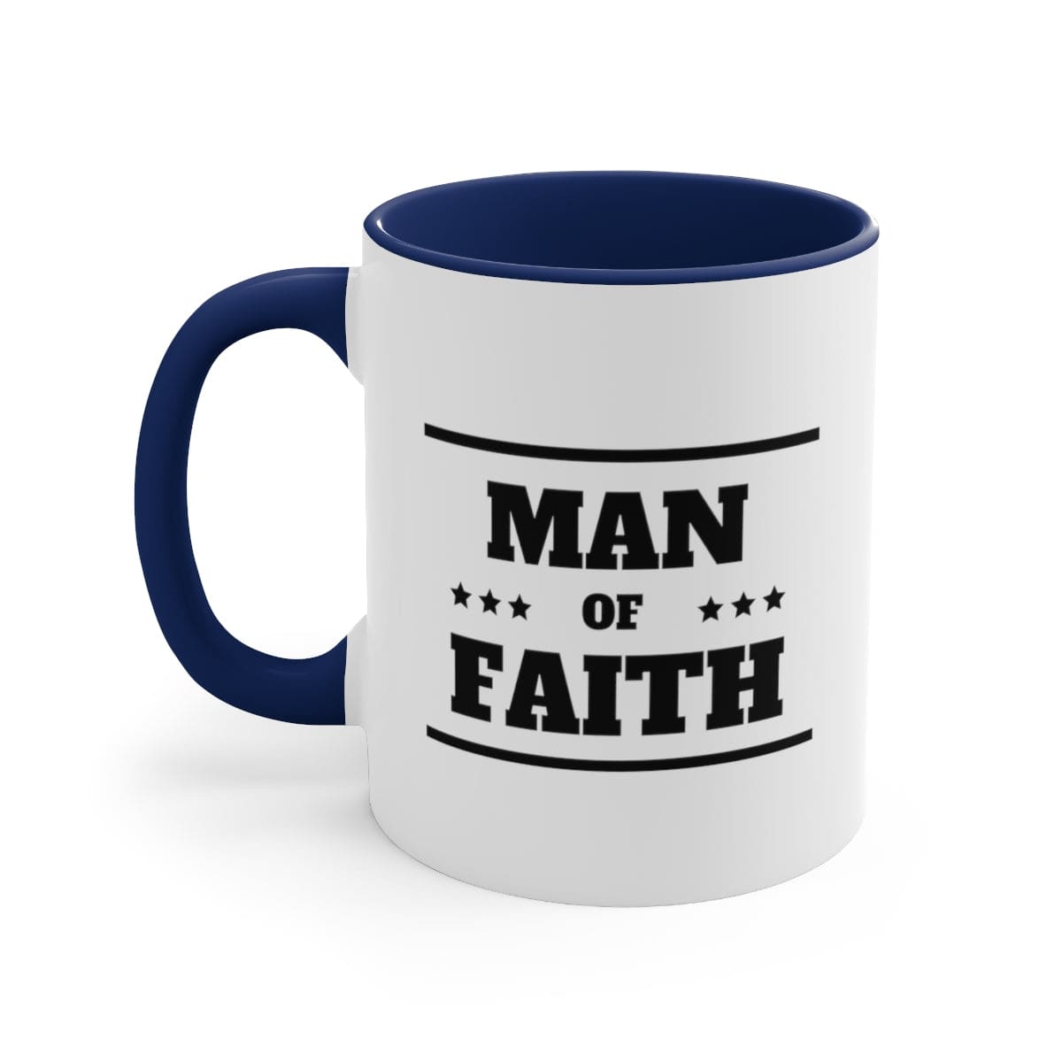 Two-tone ceramic mug with a Man of Faith illustration, featuring a comfortable C-handle and vibrant colored interior.