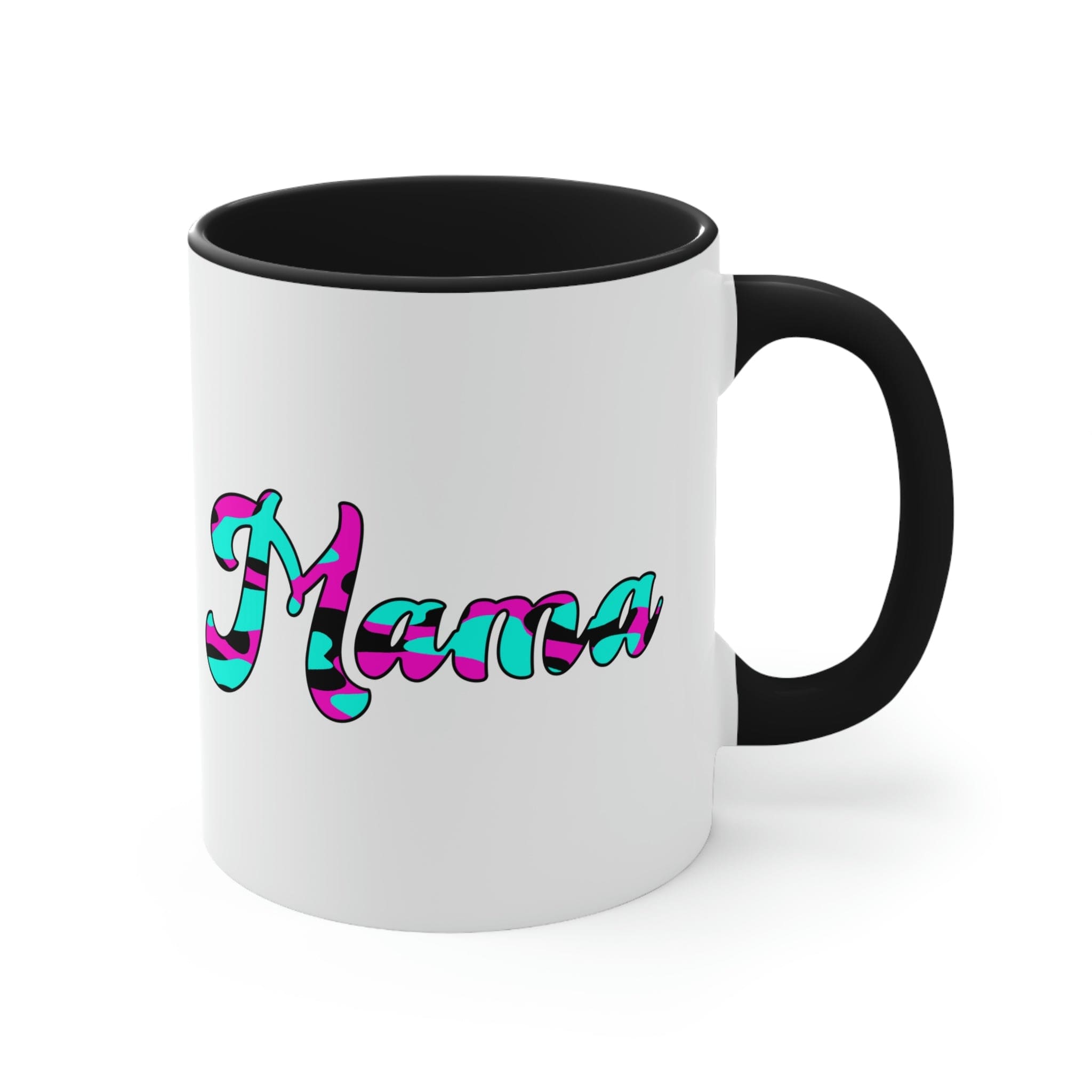 Two-tone ceramic mug with pink, white, and blue abstract design, featuring a comfortable C-handle and accented interior.