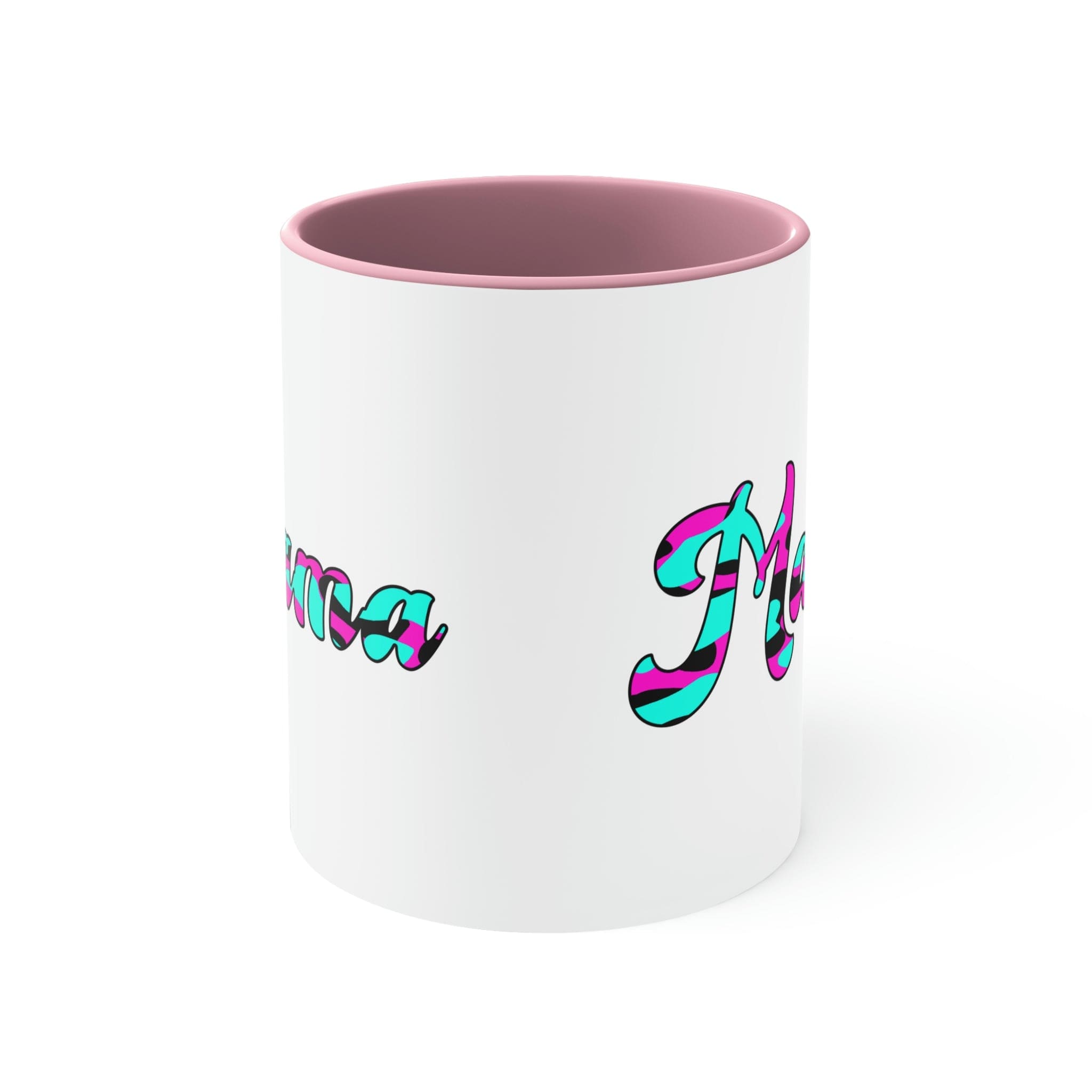 Two-tone ceramic mug with pink, white, and blue abstract design, featuring a comfortable C-handle and accented interior.