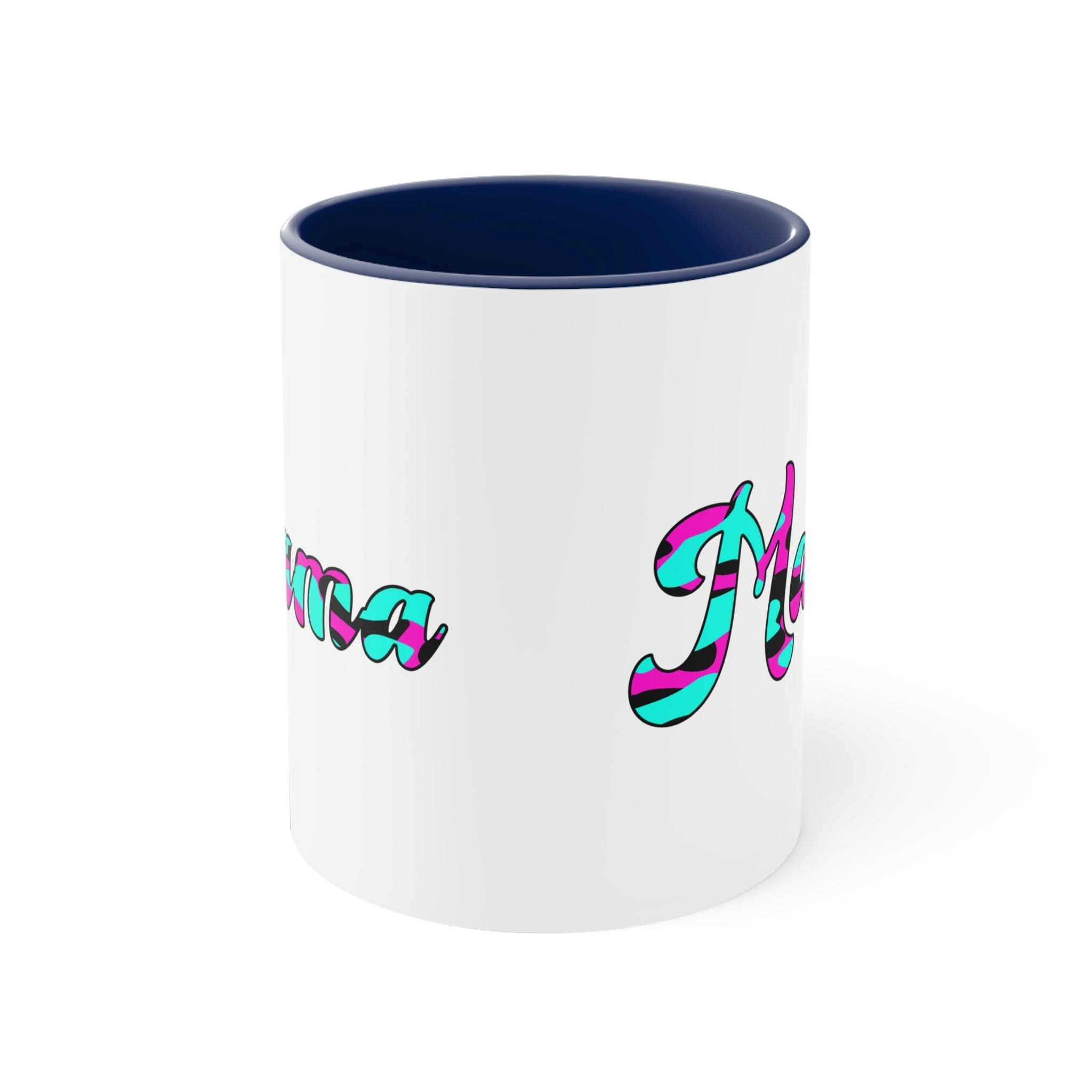 Two-tone ceramic mug with pink, white, and blue abstract design, featuring a comfortable C-handle and accented interior.