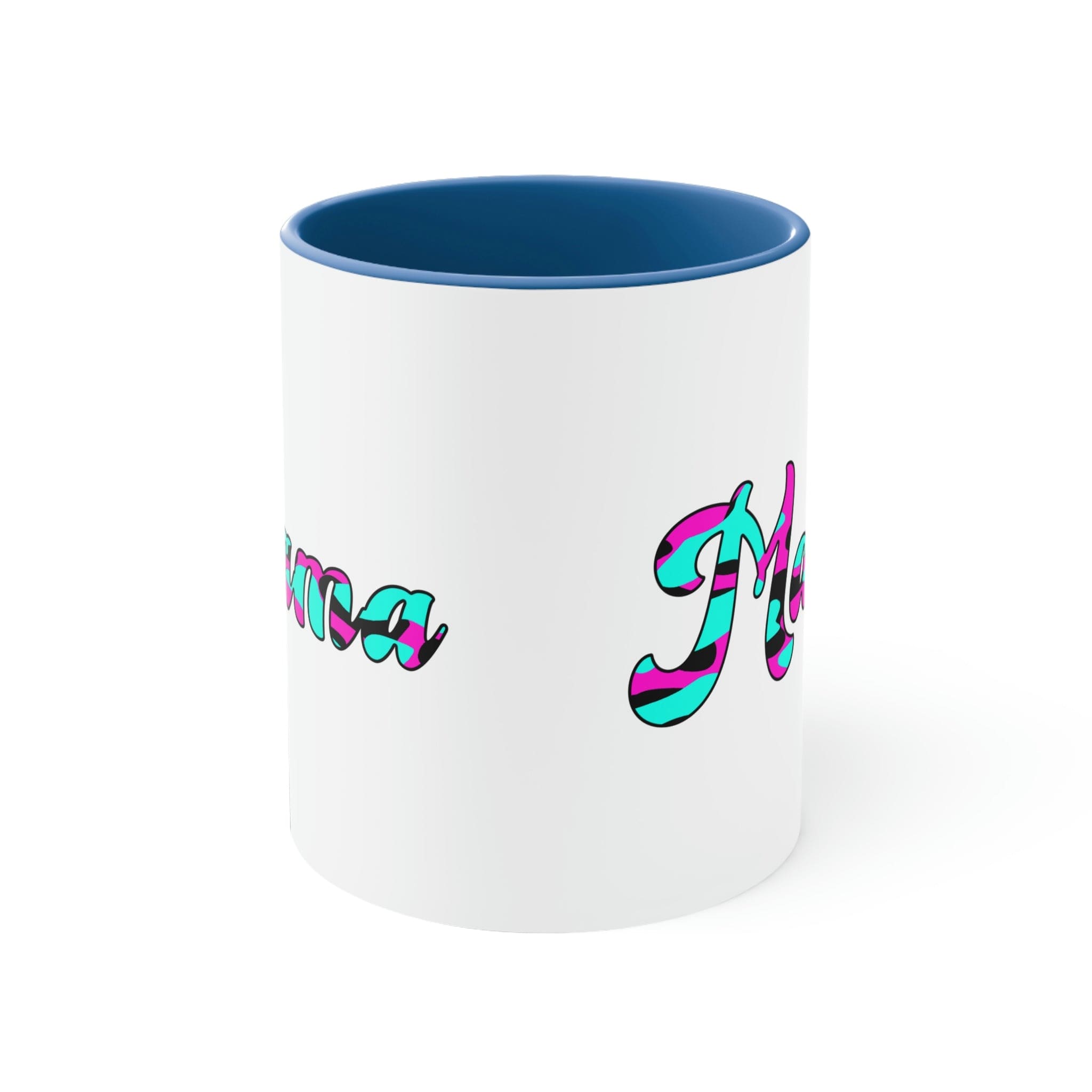 Two-tone ceramic mug with pink, white, and blue abstract design, featuring a comfortable C-handle and accented interior.
