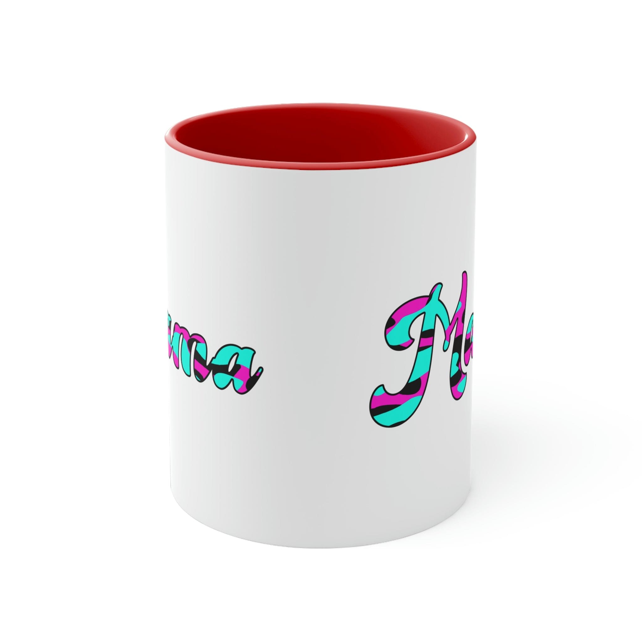 Two-tone ceramic mug with pink, white, and blue abstract design, featuring a comfortable C-handle and accented interior.