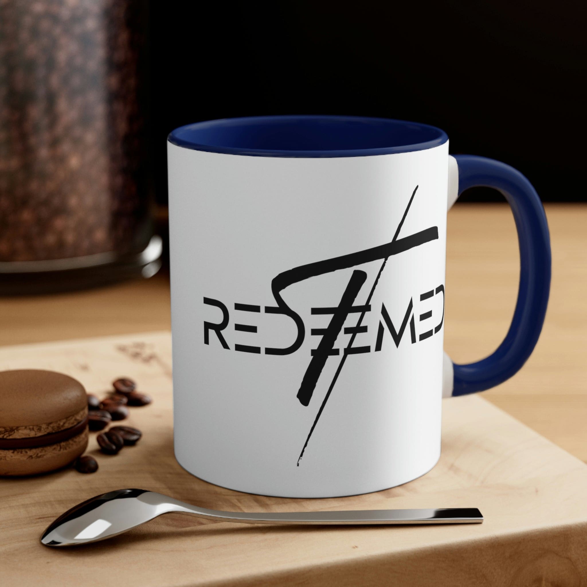 Two-tone Accent Ceramic Mug 11oz with Redeemed Christian Cross design, featuring a colored interior and C-handle for comfortable use.