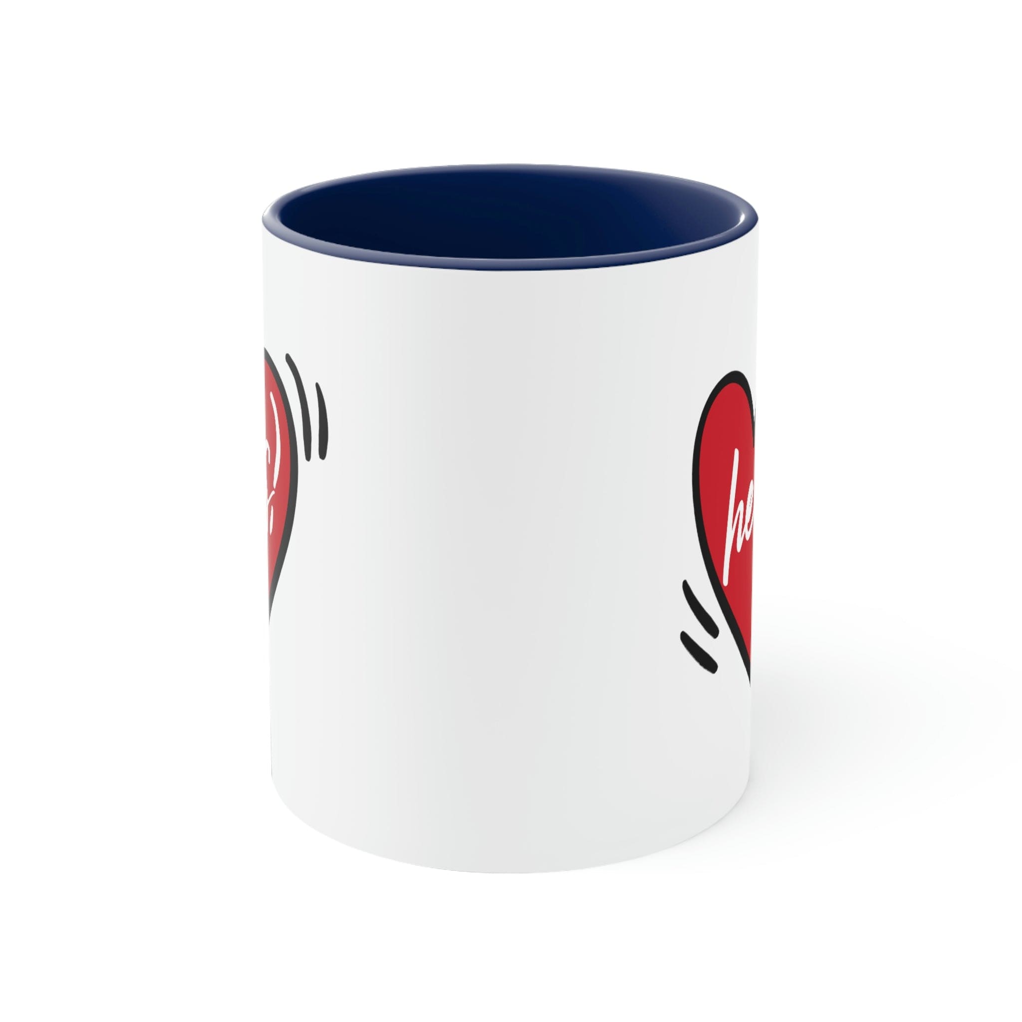 Two-tone ceramic mug with a white exterior and colored interior, featuring a comfortable C-handle, perfect for couples.
