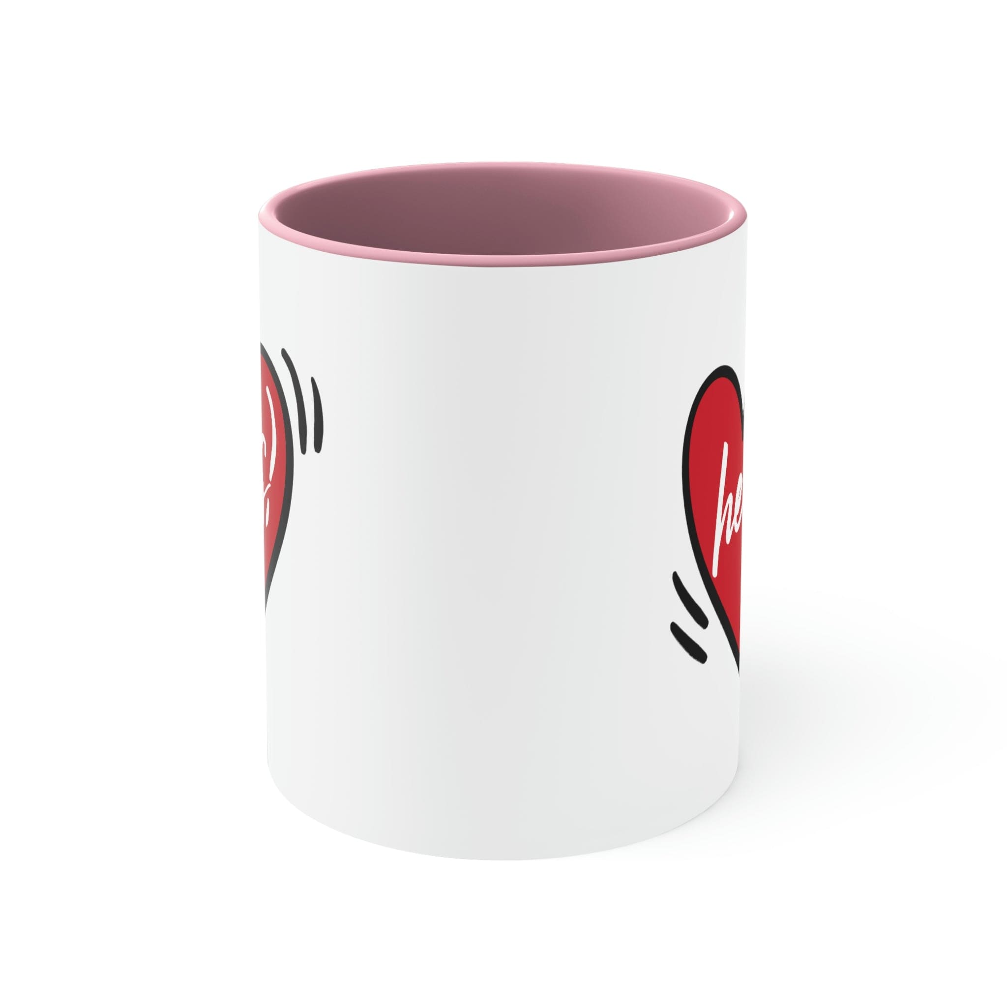 Two-tone ceramic mug with a white exterior and colored interior, featuring a comfortable C-handle, perfect for couples.