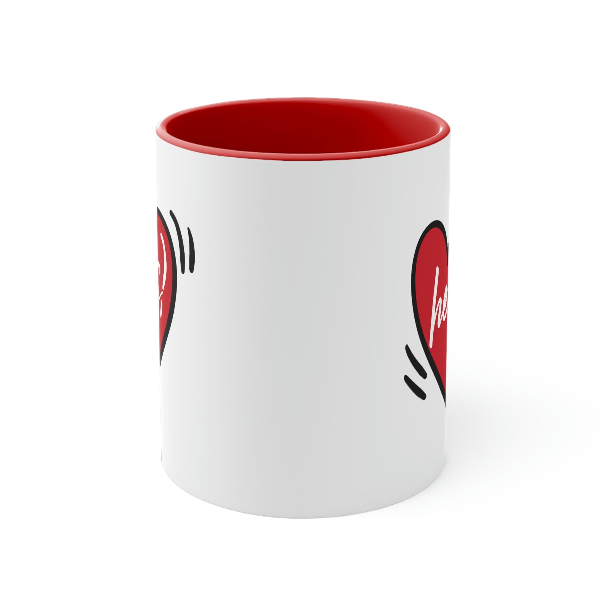 Two-tone ceramic mug with a white exterior and colored interior, featuring a comfortable C-handle, perfect for couples.