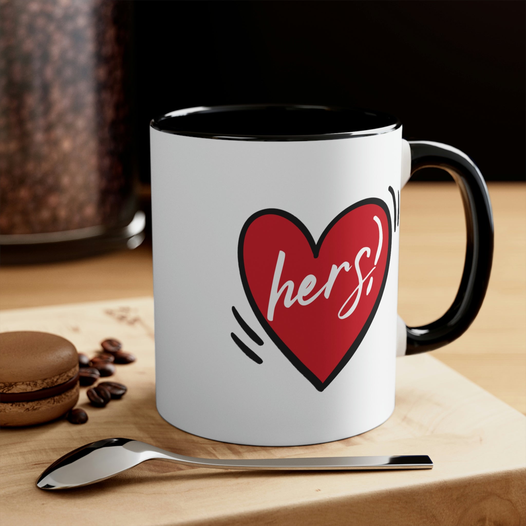 Two-tone ceramic mug with a white exterior and colored interior, featuring a comfortable C-handle, perfect for couples.