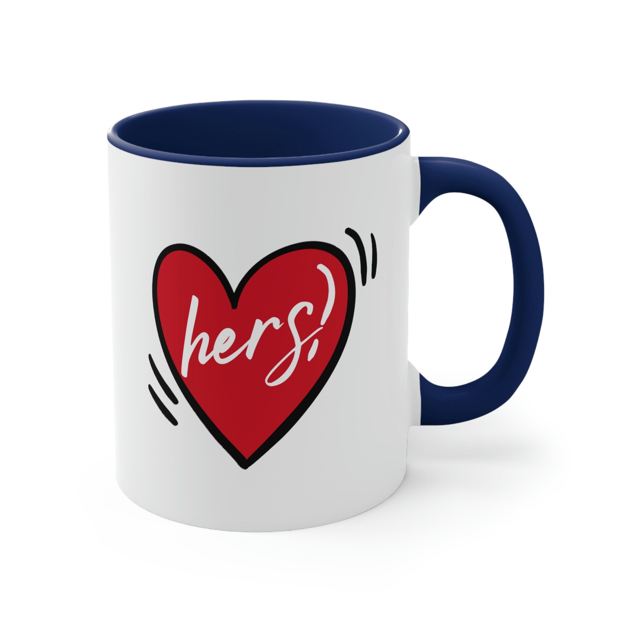 Two-tone ceramic mug with a white exterior and colored interior, featuring a comfortable C-handle, perfect for couples.