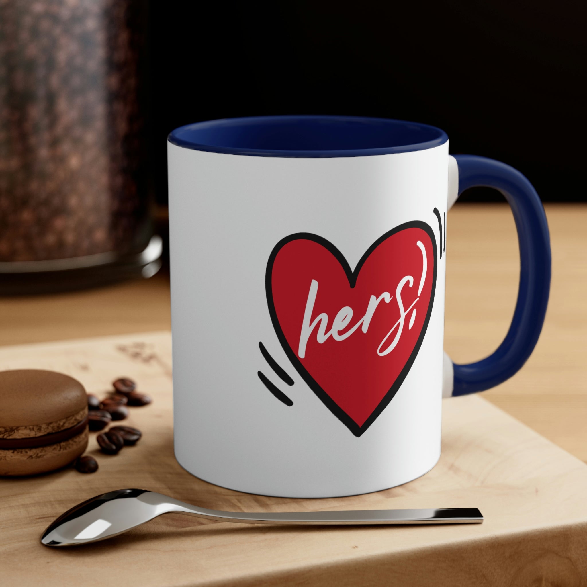 Two-tone ceramic mug with a white exterior and colored interior, featuring a comfortable C-handle, perfect for couples.